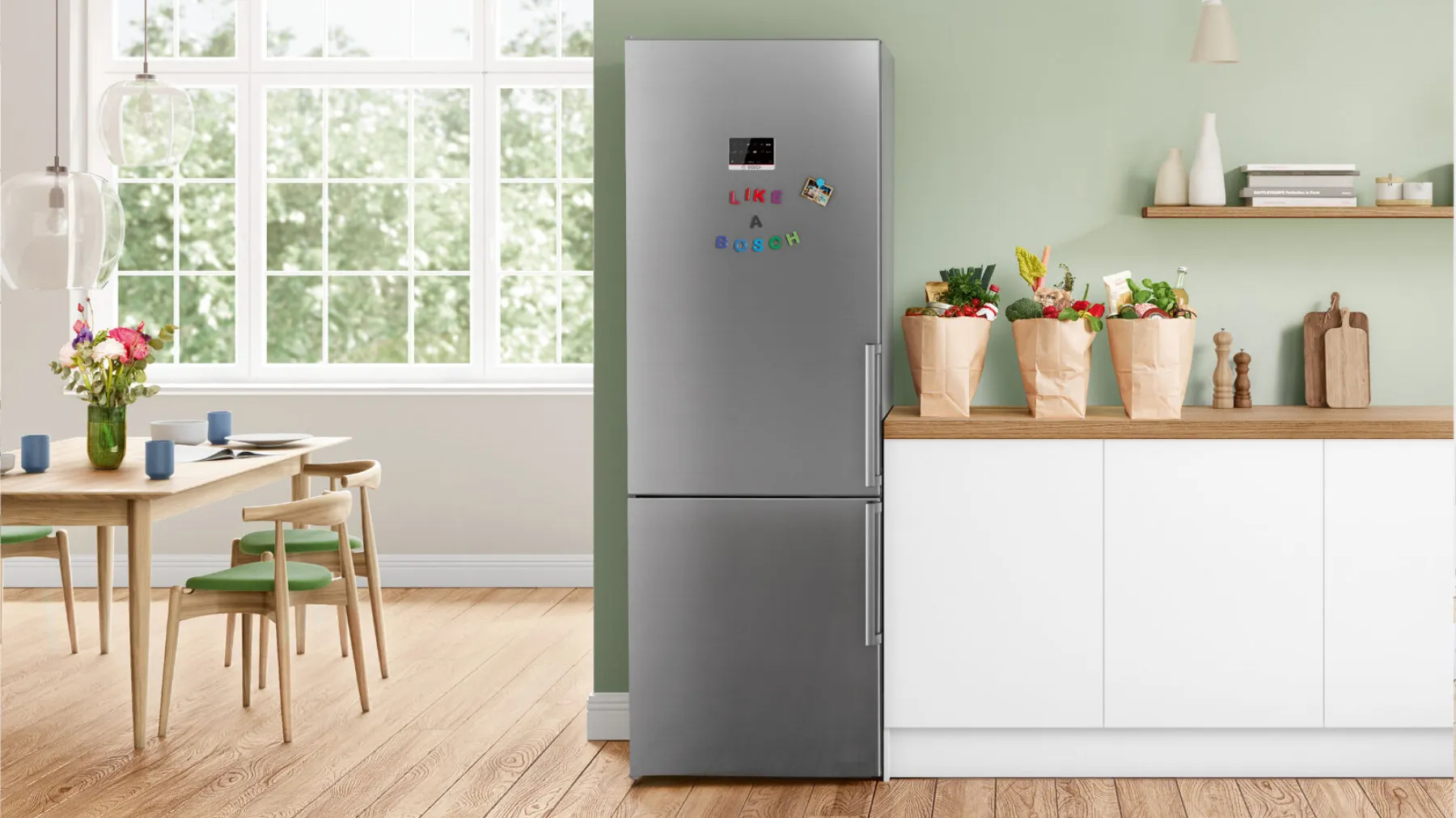 Freestanding freezer with door closed in a kitchen