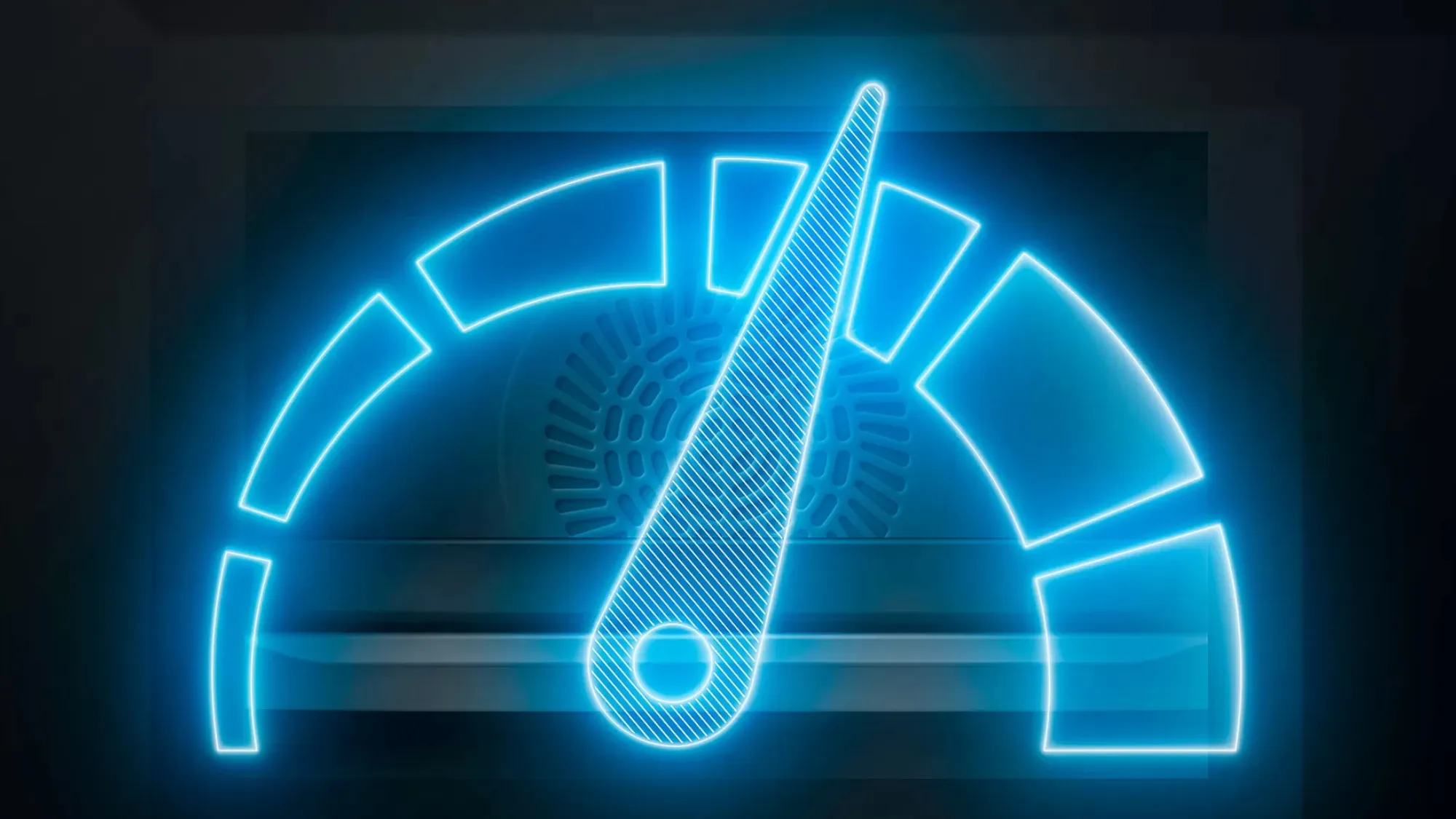 Un compteur de vitesse bleu lumineux avec une aiguille pointue indiquant des performances élevées sur un fond sombre.