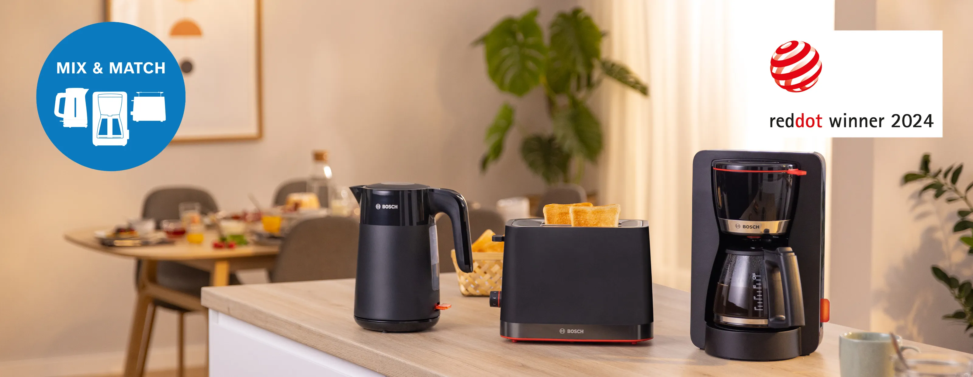 MyMoment kettle, toaster and coffee machine on kitchen counter.