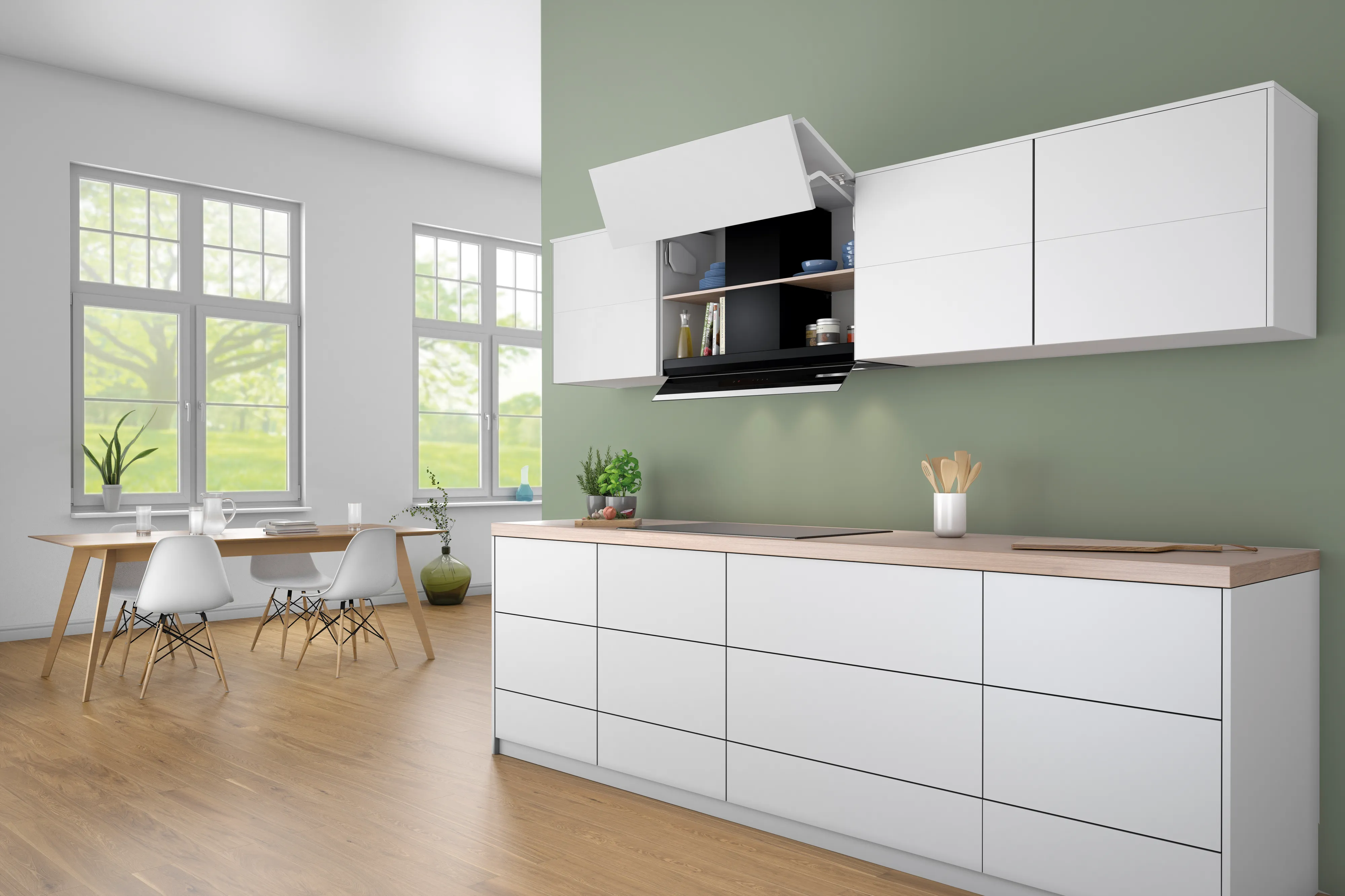 Cucina moderna caratterizzata da mobili bianchi, ripiani in legno e ampie finestre con vista verde. È visibile una zona pranzo minimalista.