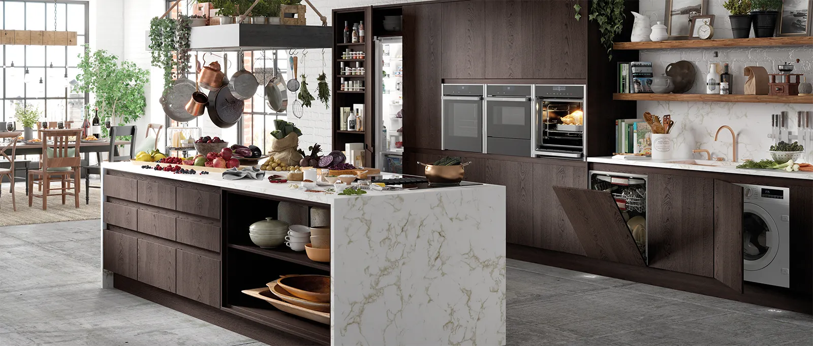 Spacious modern kitchen with marble countertop, wooden cabinets, appliances, and dining area.