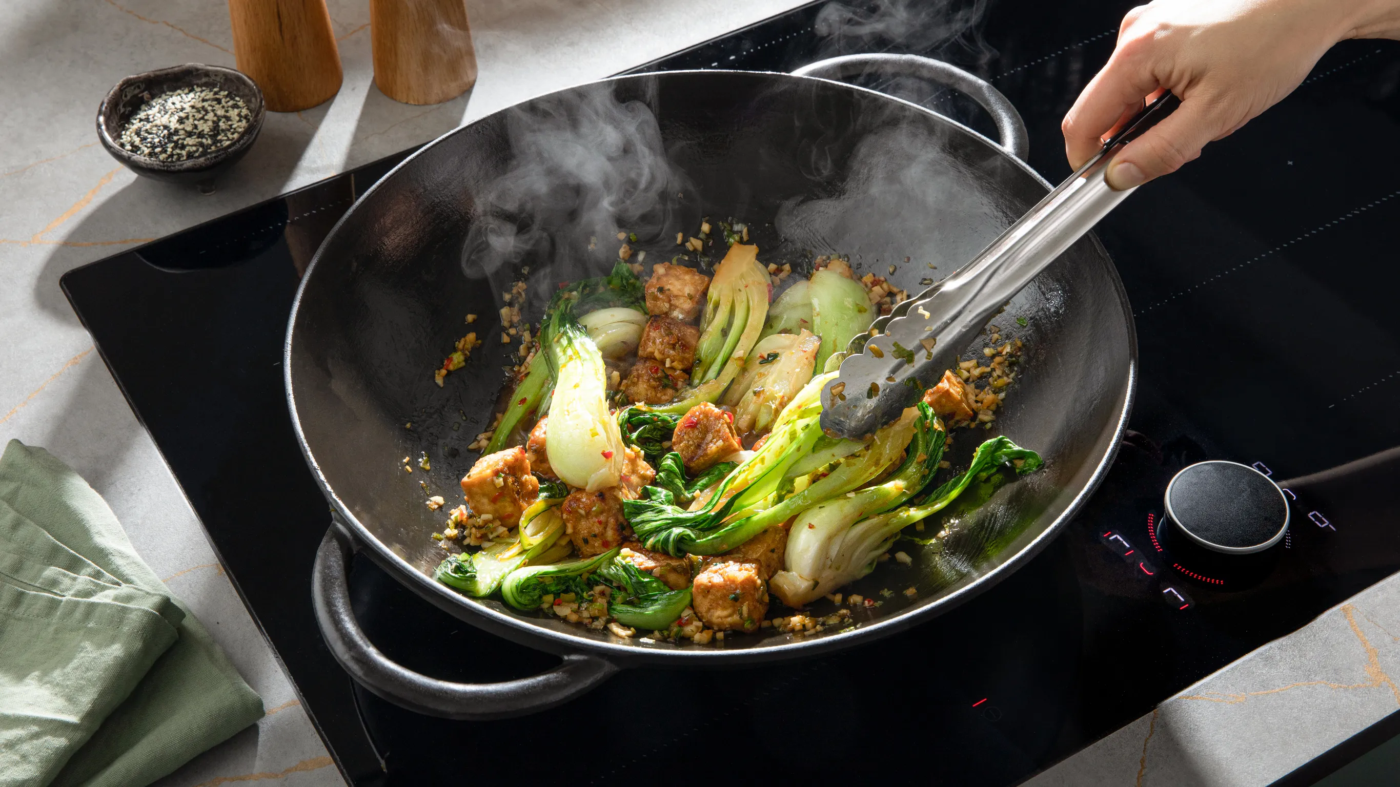 Frying the Bok Choy in a frying pan