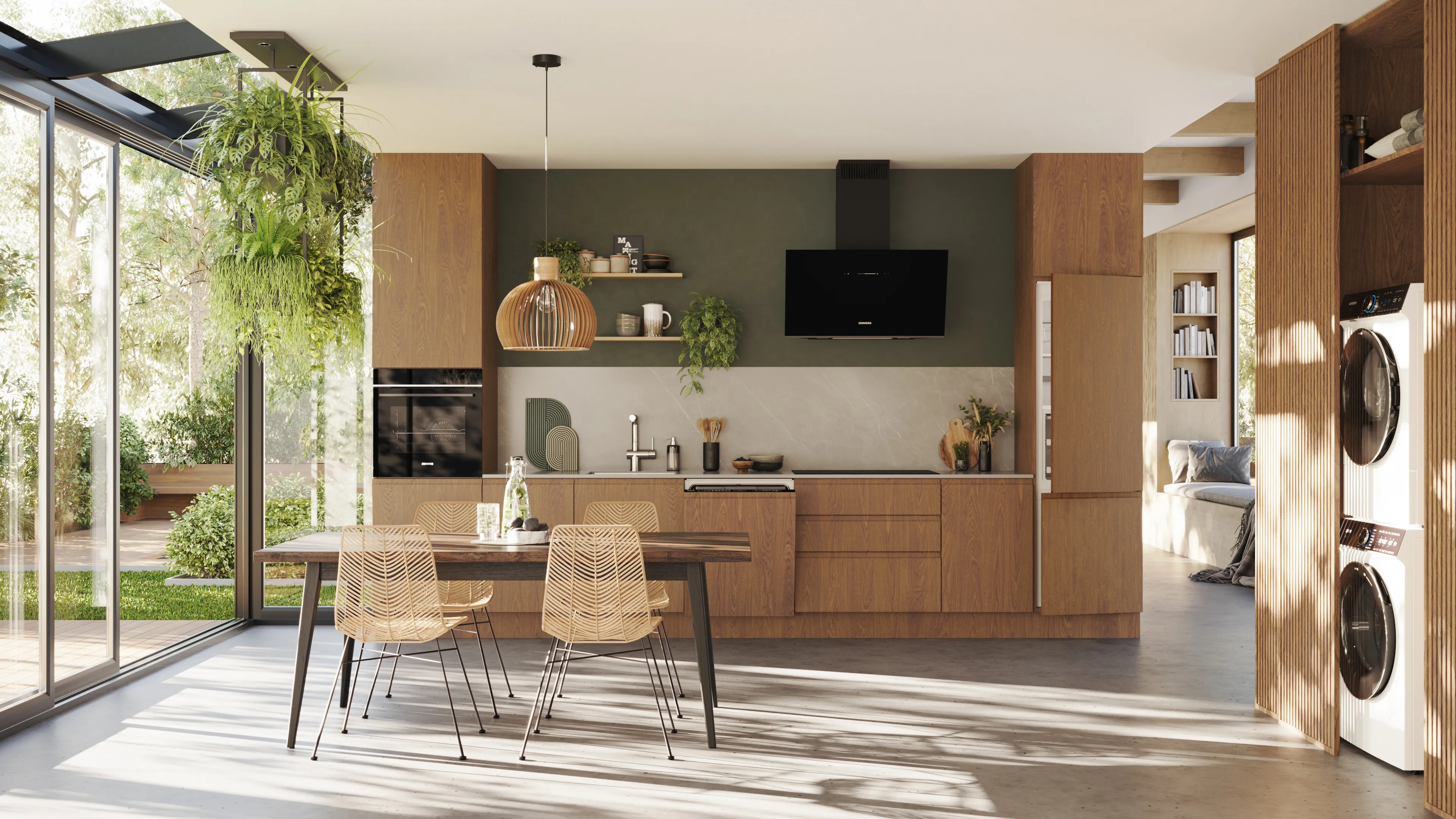 Siemens inbouw keukenapparatuur zoals een oven en vaatwasser in een keuken met houten fronten voor een duurzame uitstraling.