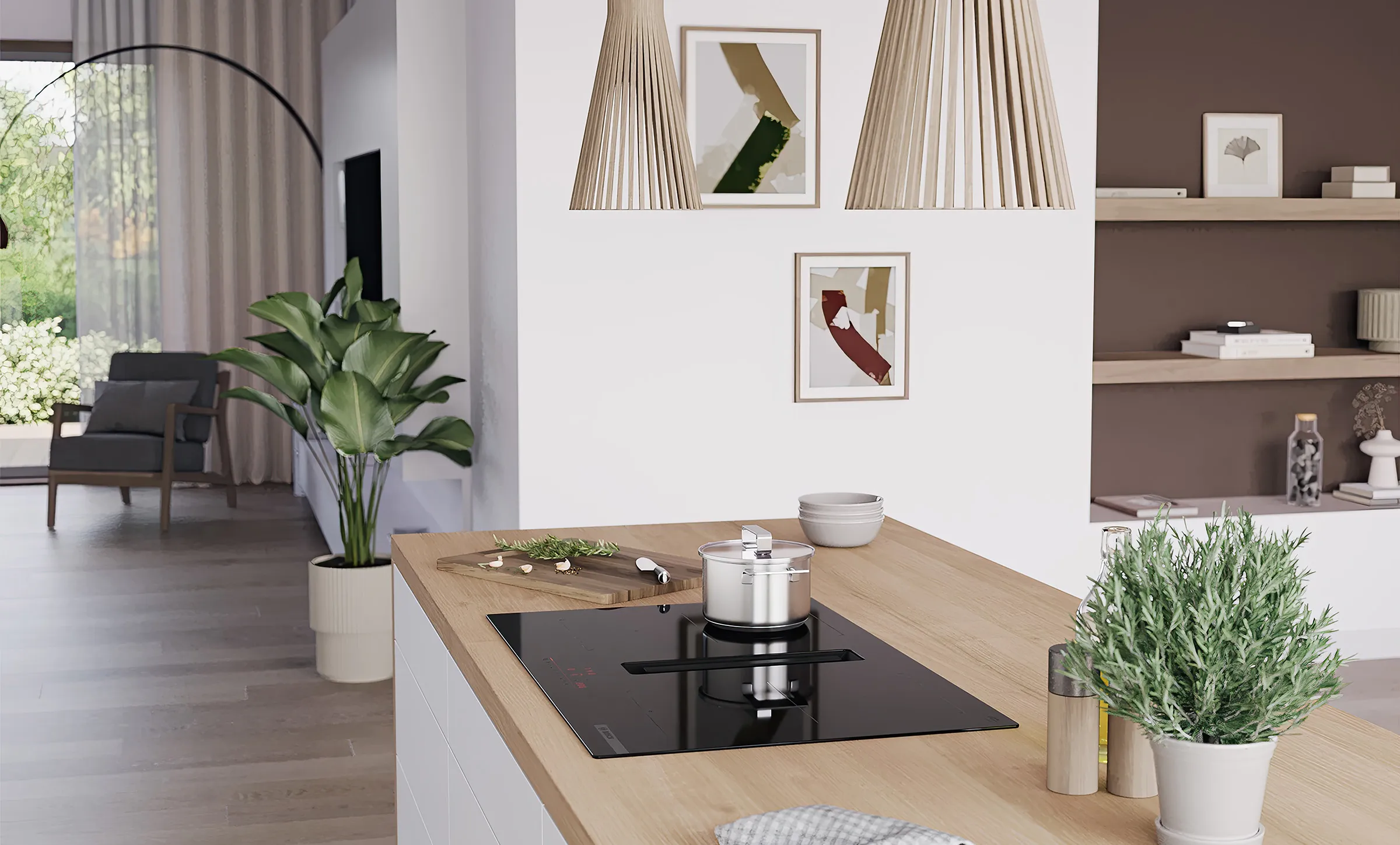 Bosch Kochfeld mit integriertem Dunstabzug. Ein Kochtopf auf dem Kochfeld einer Kücheninsel aus Holz, im Hintergrund ein modern eingerichteter Wohnbereich mit Zimmerpflanzen.