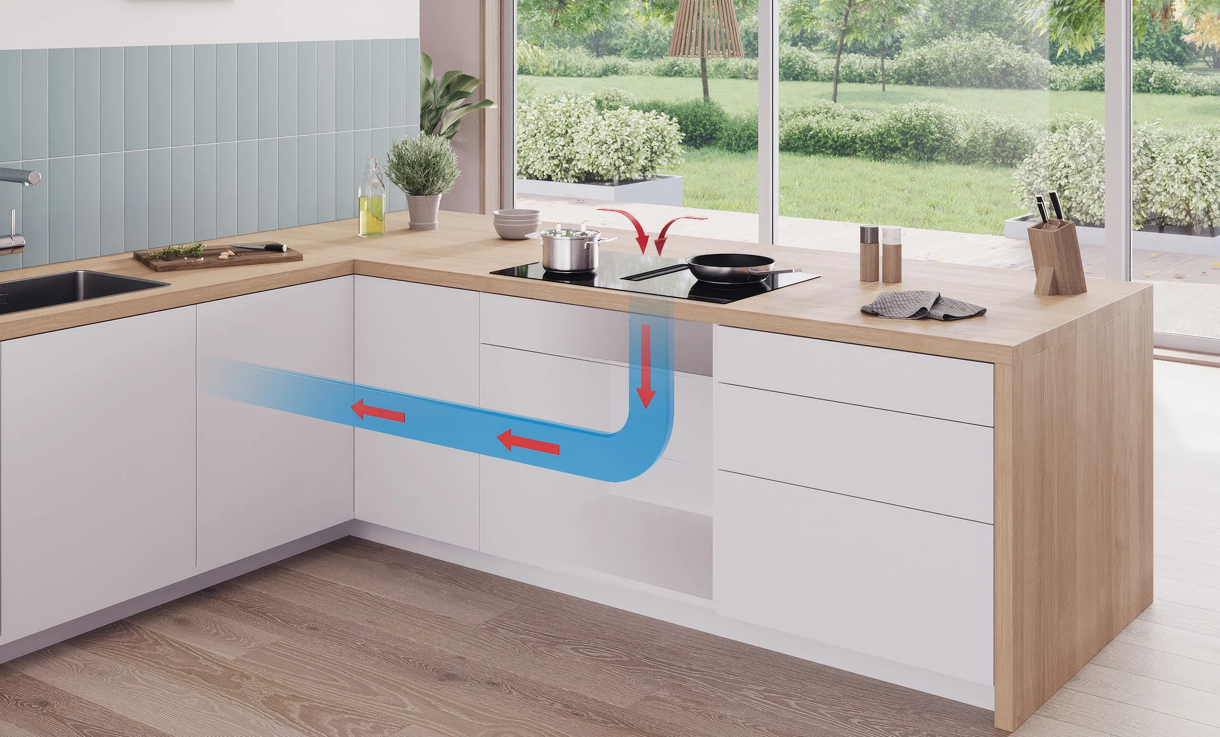 Bosch Kochfeld mit integriertem Dunstabzug. Eine Küchenzeile mit einer transparenten Grafik, die den Abluftbetrieb zeigt: Luft wird nach unten gesaugt und über ein Rohrsystem seitlich nach außen geleitet.