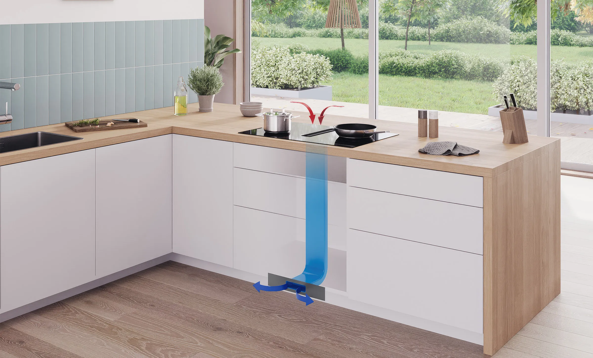 Bosch Kochfeld mit integriertem Dunstabzug. Eine Küchenzeile mit einer transparenten Grafik, die den Umluftbetrieb zeigt: Luft wird nach unten gesaugt und strömt gefiltert aus dem Sockel heraus.