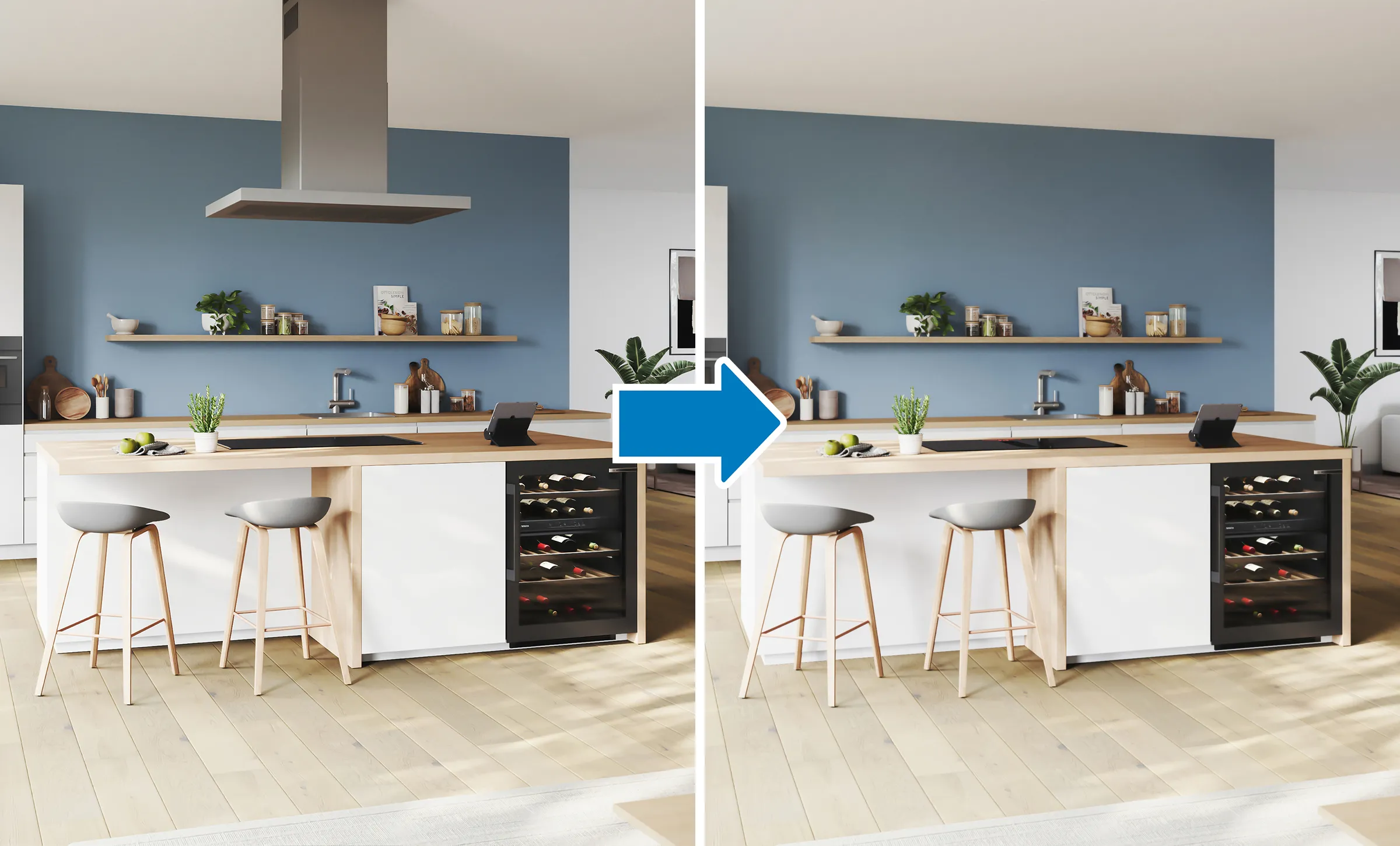 Bosch Kochfeld mit integriertem Dunstabzug. Ein Vorher-Nachher-Vergleich einer Kücheninsel, bei dem links eine hängende Dunstabzugshaube zu sehen ist und rechts durch den integrierten Dunstabzug der Blick auf die blaue Wand frei wird.