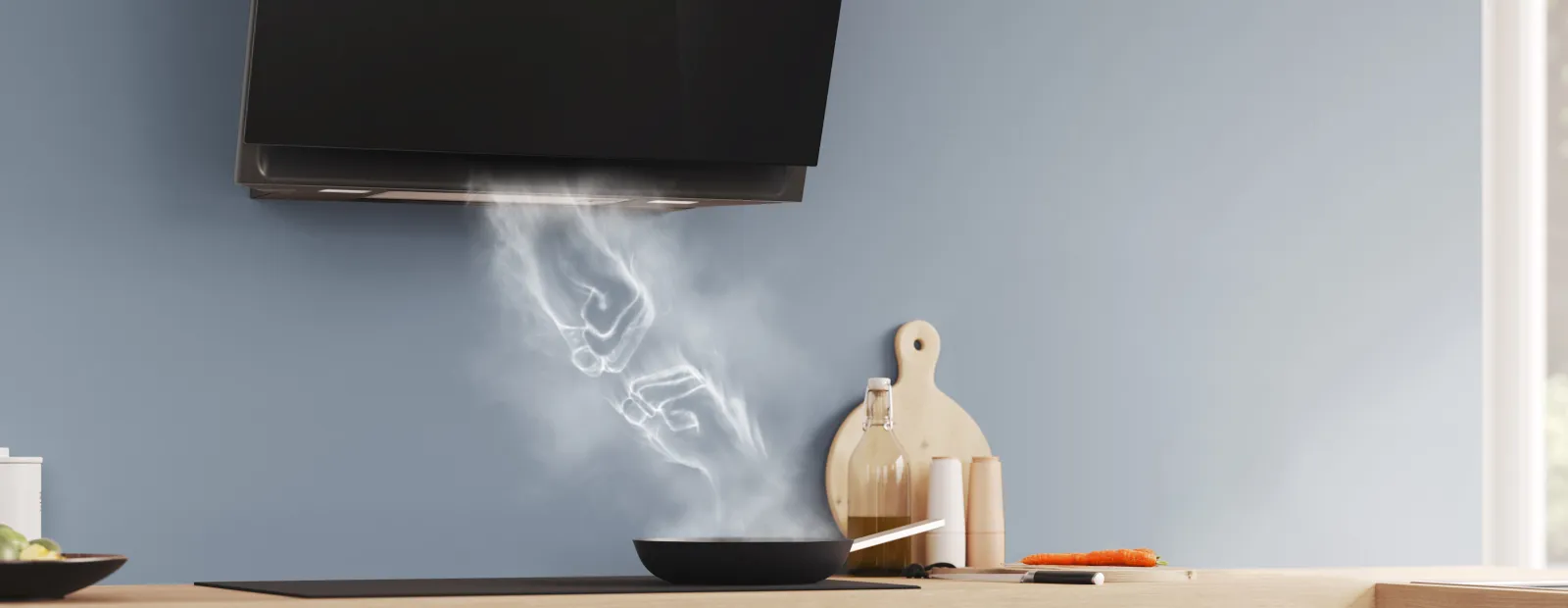 inclinated hood, steam, wooden cutting board, kitchen counter, minimalist decor.