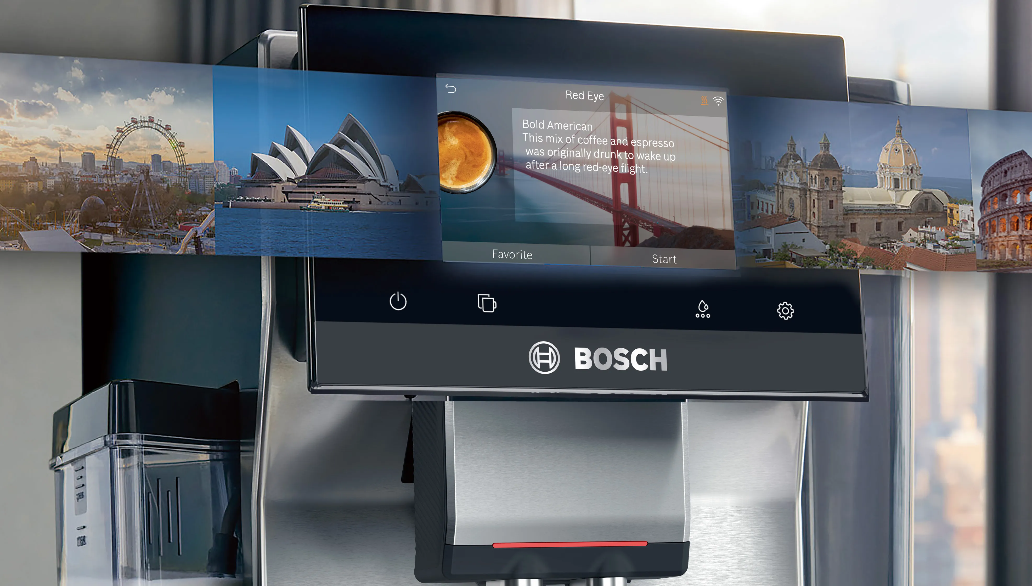 A Bosch coffee machine displays the "Red Eye" coffee option, featuring scenic images and a description of its origin.
