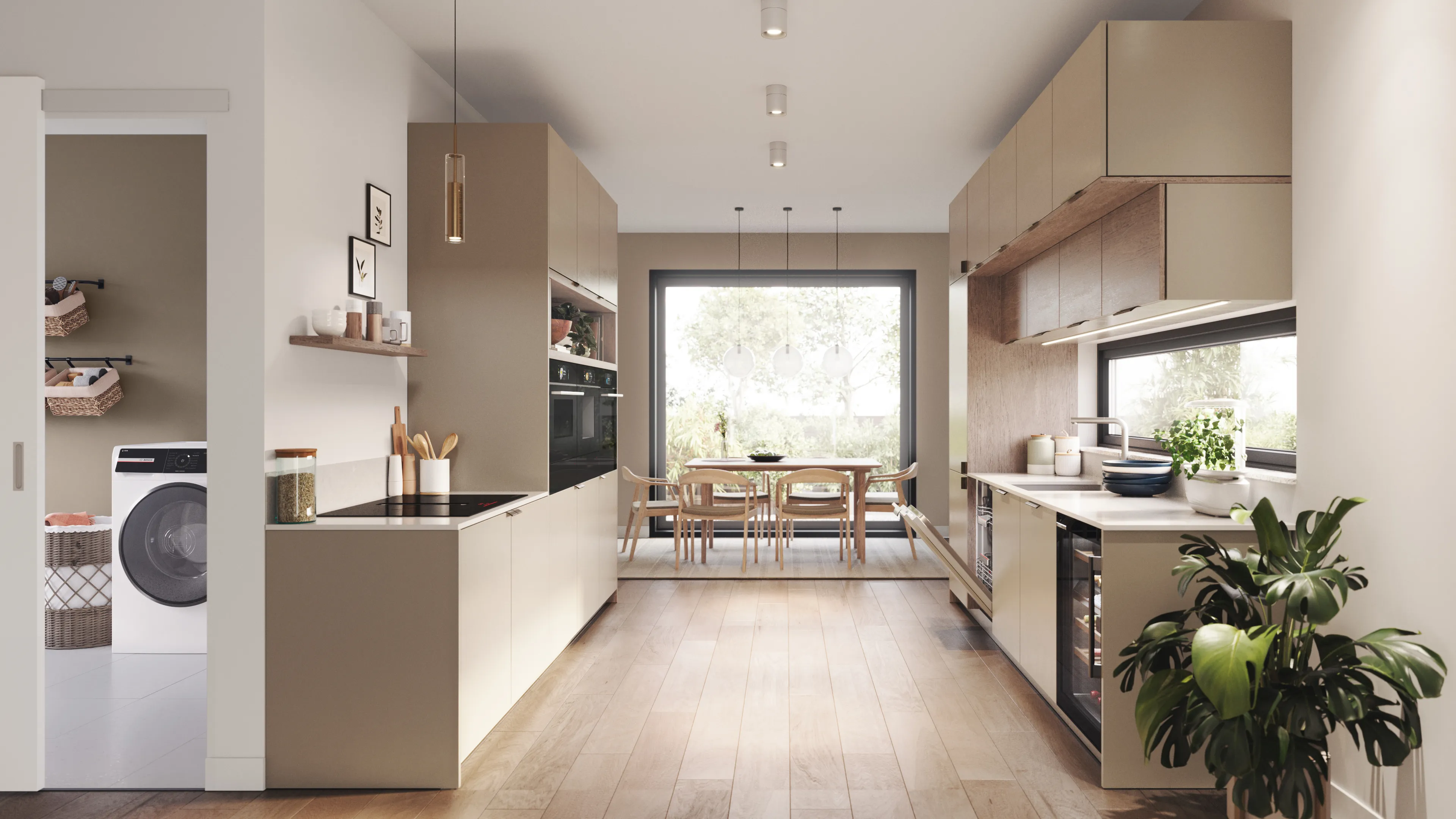 Et moderne køkken med fronter i beige og integrerede Bosch hvidevarer.