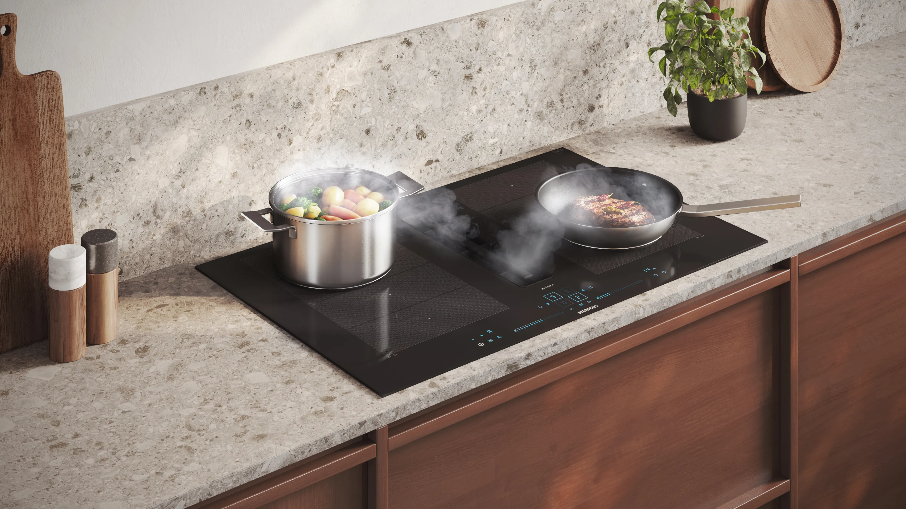 Yemek potları, bitkiler ve modern bir indüksiyon aşçılık ile mutfak sayacı.