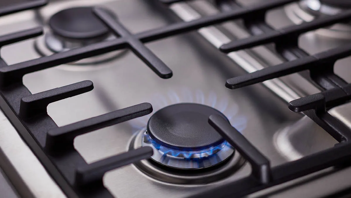 Close-up of a modern gas stove with a lit burner, featuring blue flames and sleek stainless steel surface.