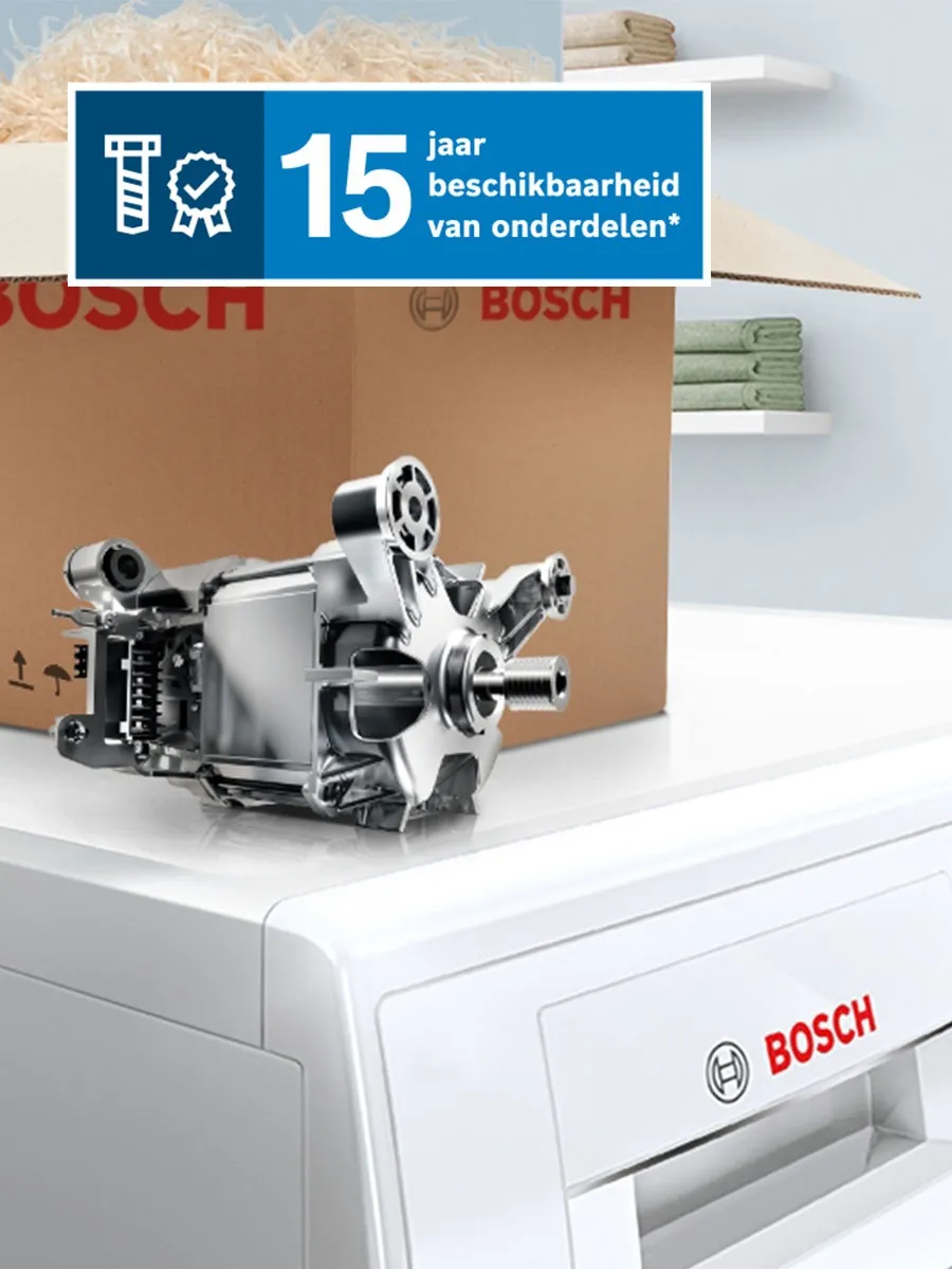 Een Bosch wasmachine met een zilverkleurige wasmachinemotor erbovenop, naast een kartonnen doos waarop staat dat de onderdelen al 15 jaar verkrijgbaar zijn.