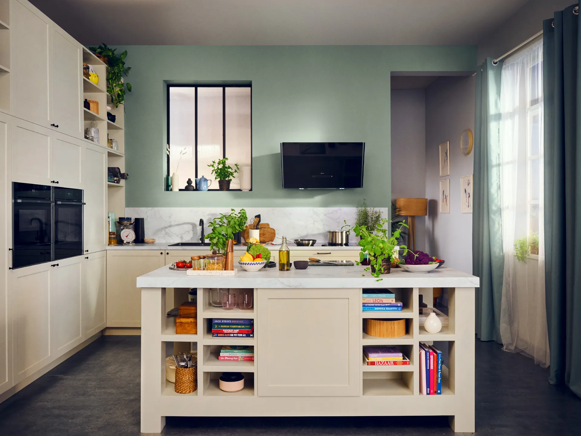 Modern kitchen with white cabinets, open shelving, and a central island with storage.