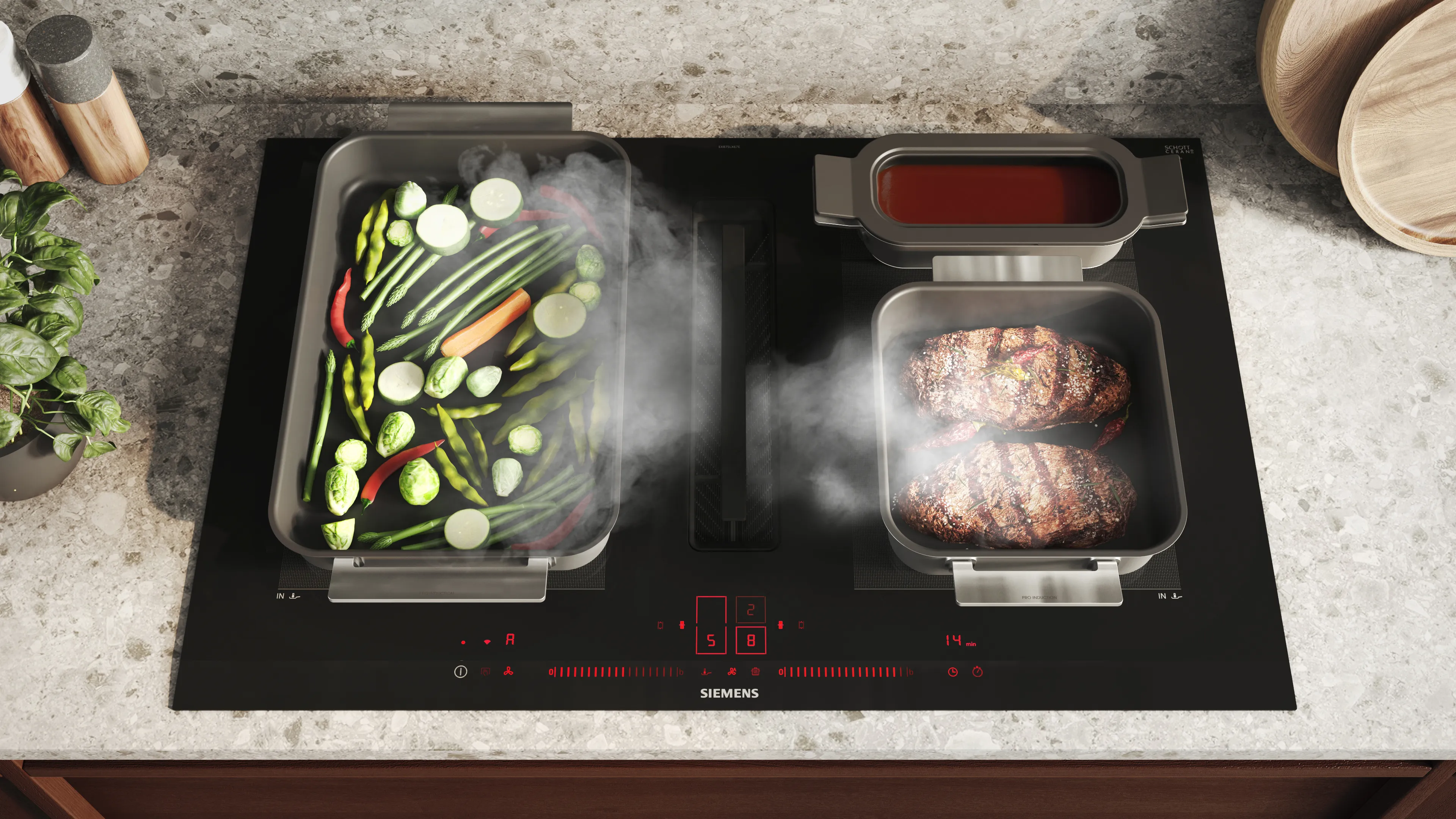 Piano cottura a induzione con due pentole contenenti verdure e carne in cottura con vapore visibile