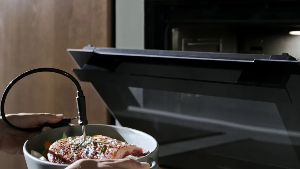 Person holding a bowl with meat inside, with a meat probe by an open oven