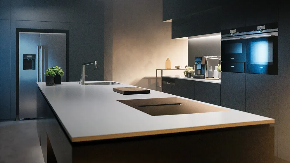 Siemens kitchen with an oven and coffee machine, with an island in the centre