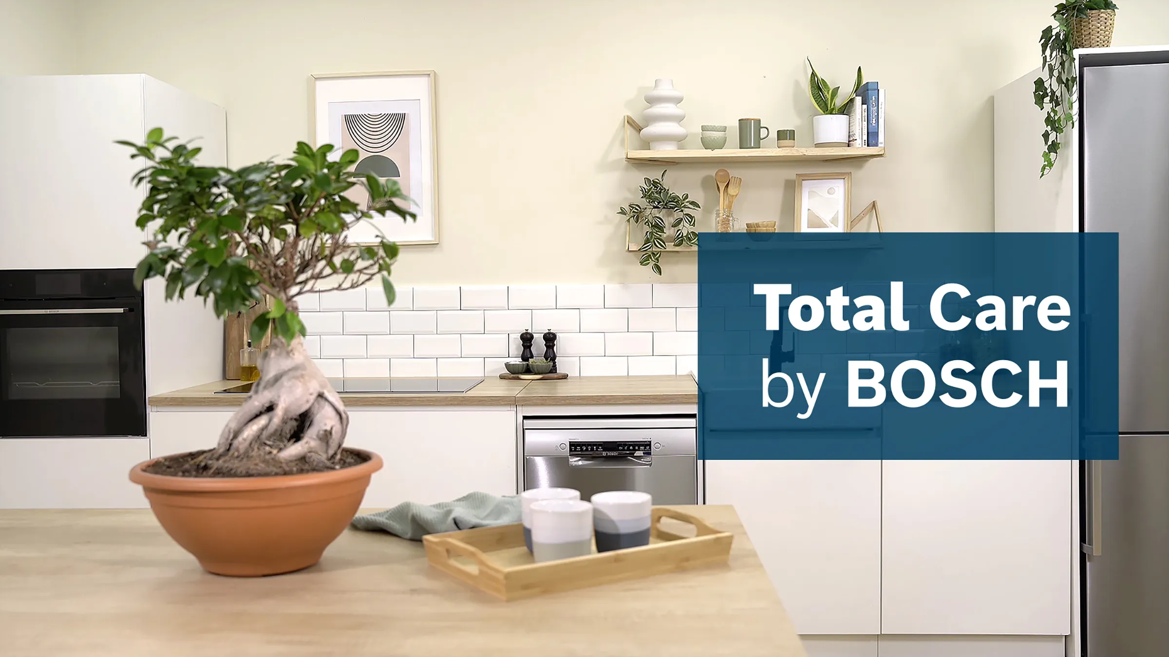 Cuisine moderne équipée d'un lave-vaisselle Bosch, d'un bonsaï et d'une inscription « Total Care by BOSCH » encadrée.