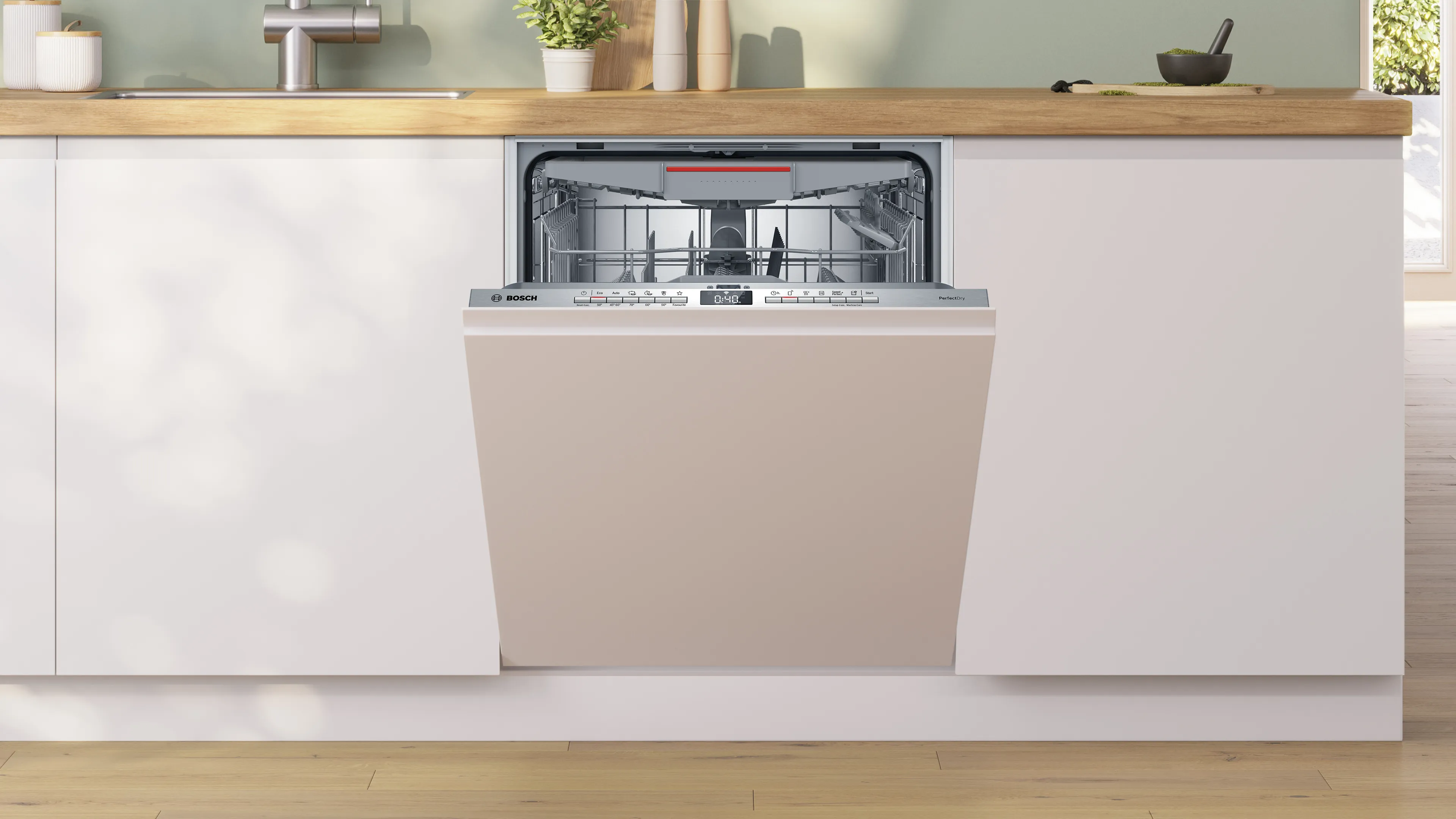 Lavastoviglie integrata in cucina moderna con piano in legno e ripiani.