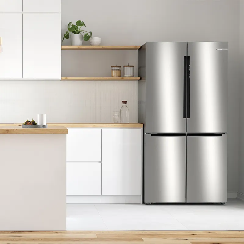 French door fridge freezer in a modern white kitchen