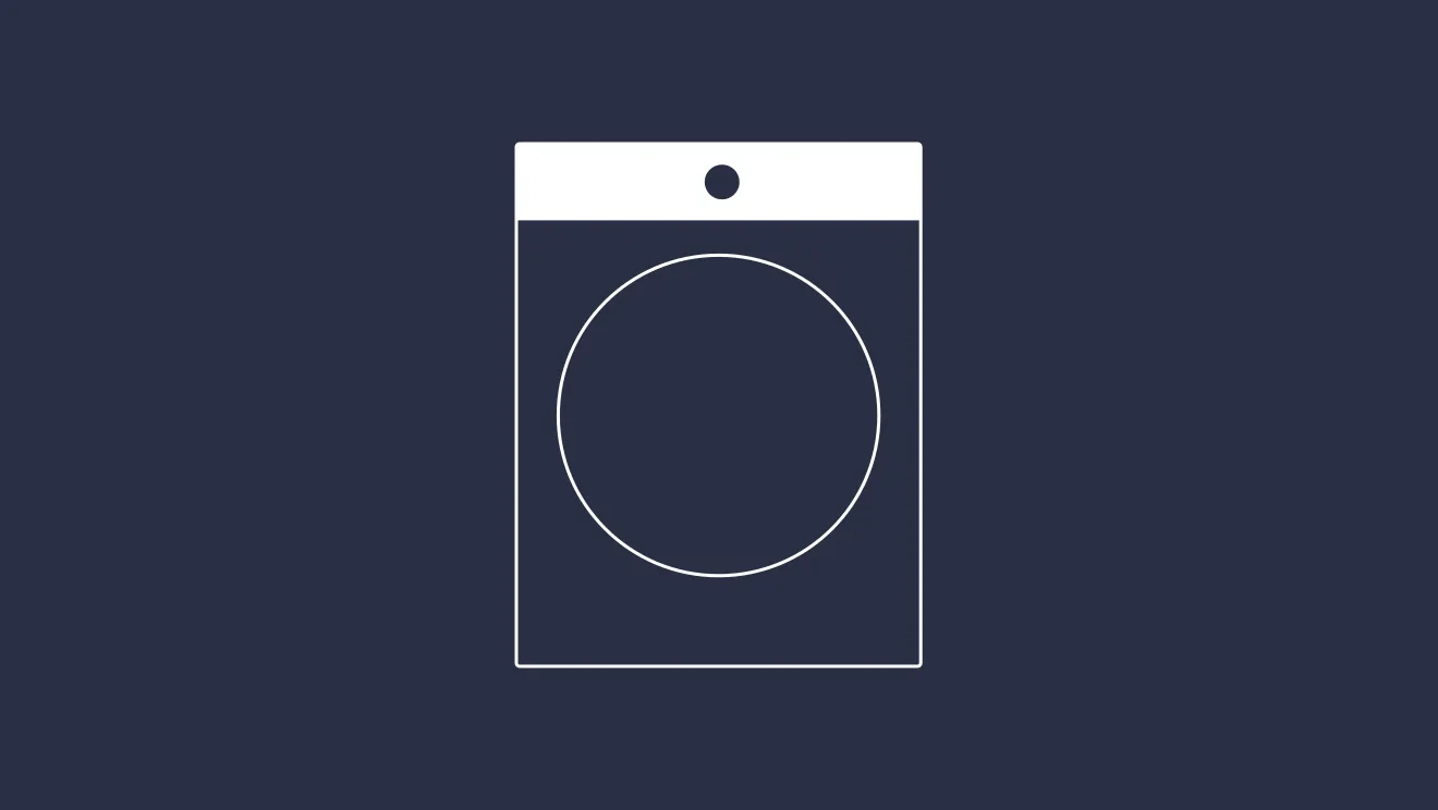 Minimalist illustration of a washing machine or dryer icon on a dark background.