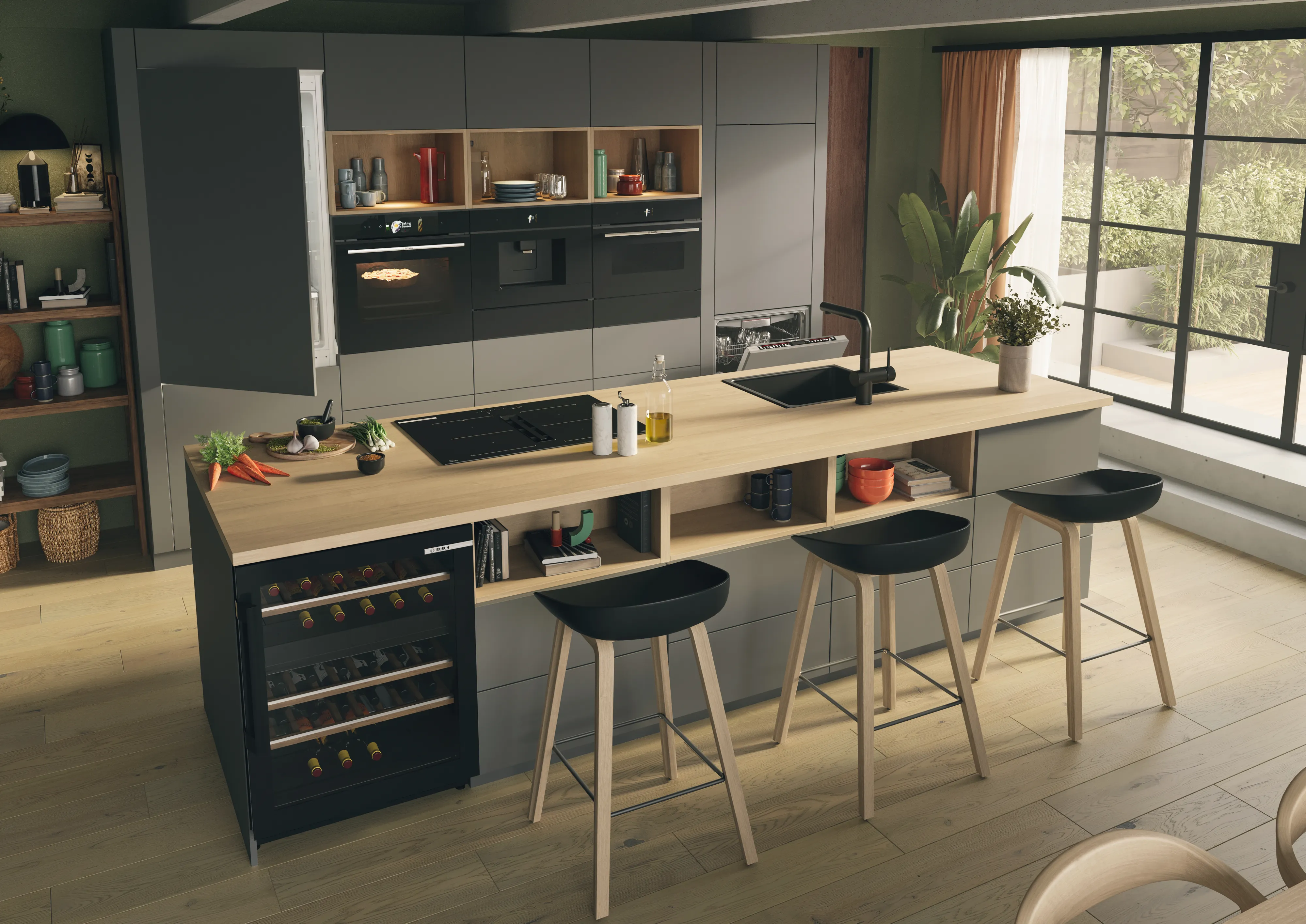Elegante cocina con una gran isla central con electrodomésticos integrados de Bosch
