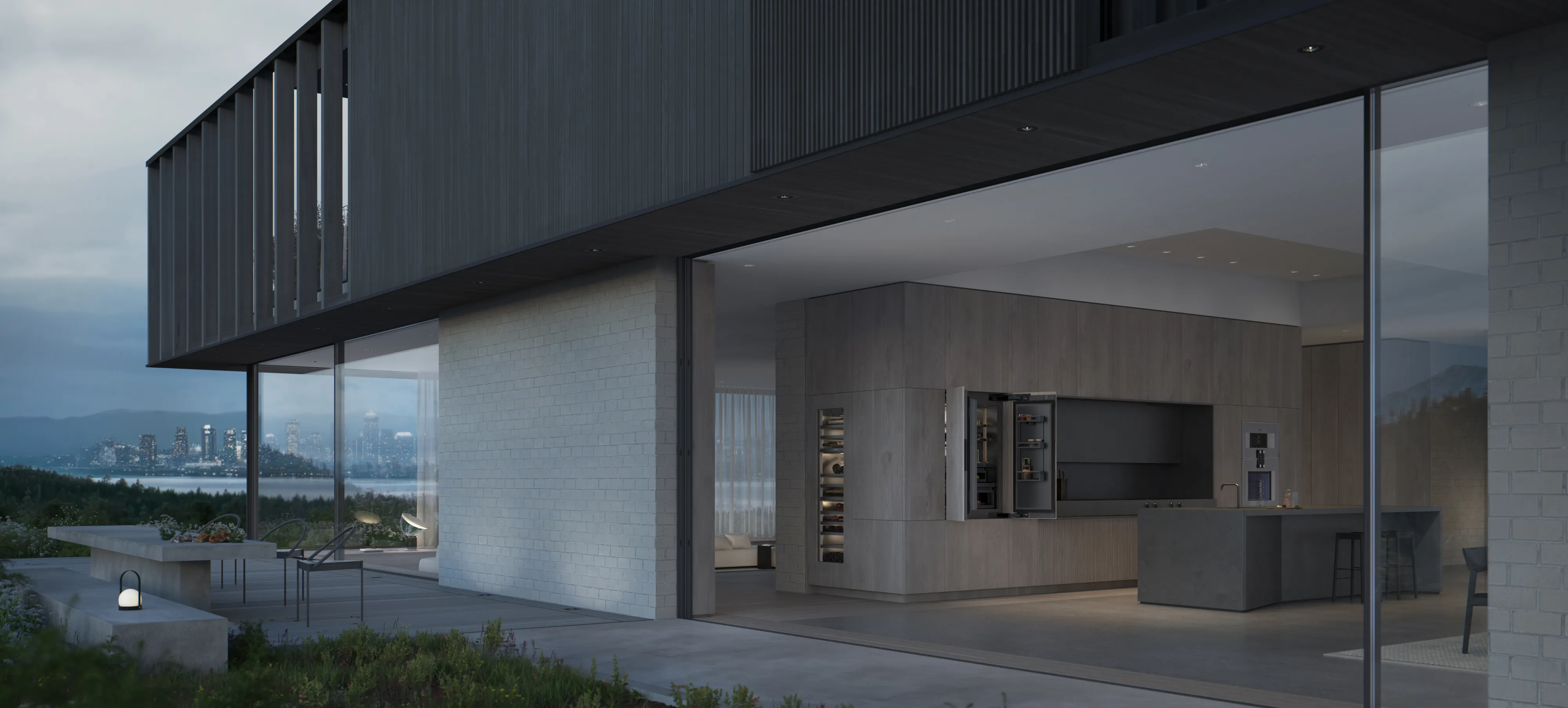 View from outside looking into a luxury house with Gaggenau appliances fitted.