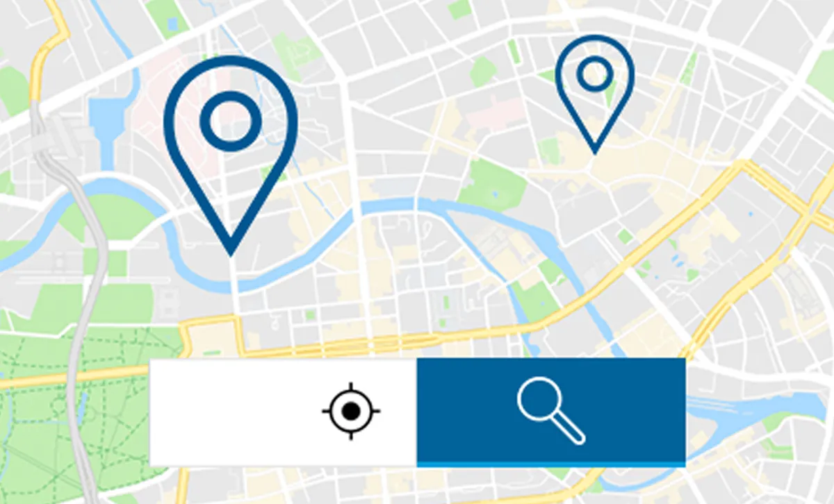 Konum pins ve arama ikonları ile harita, navigasyon ve konum tabanlı hizmetleri temsil eder.
