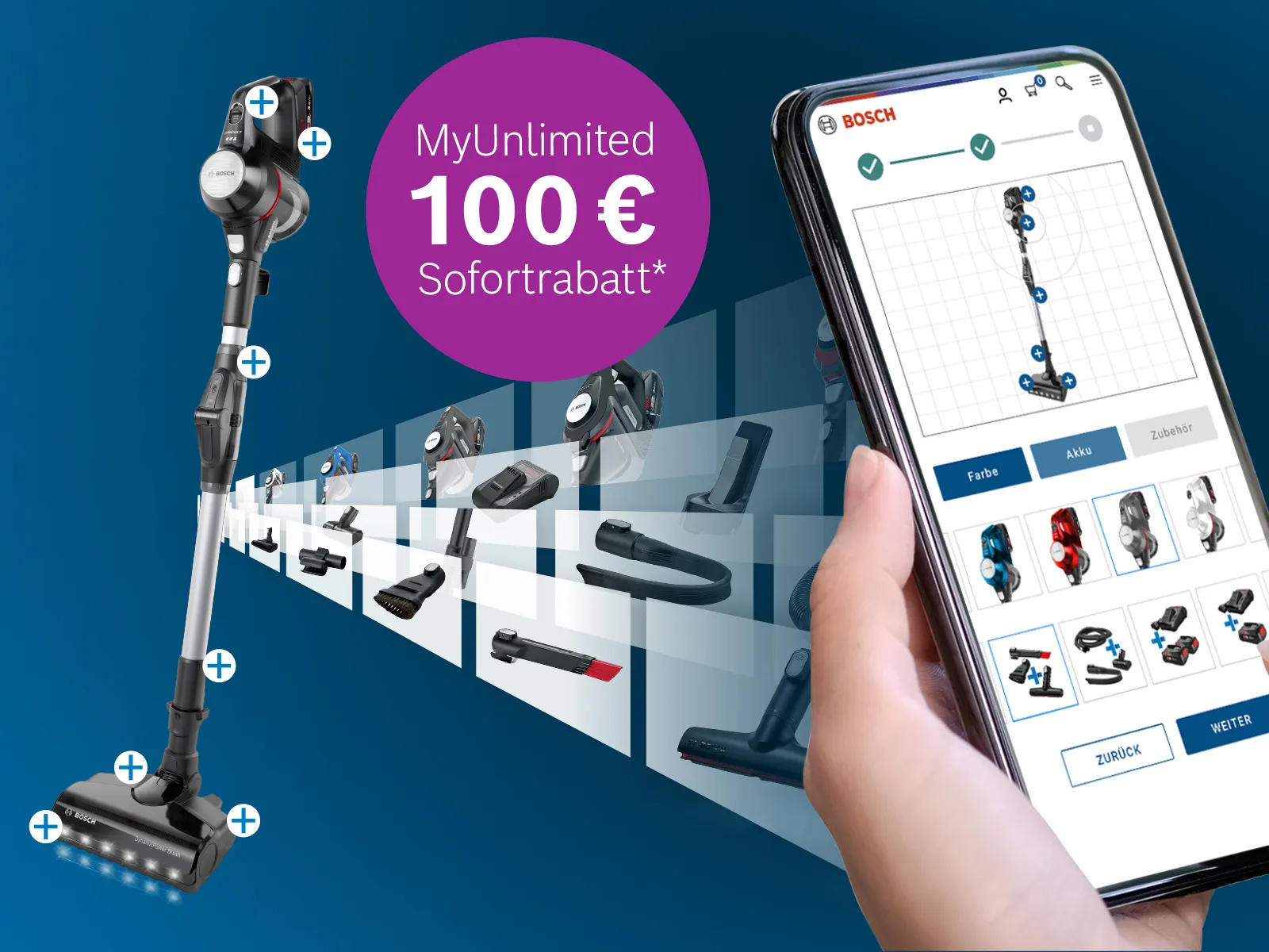 Werbebild mit einem Mobiltelefon, auf dem ein Staubsauger und alle seine Eigenschaften zu sehen sind