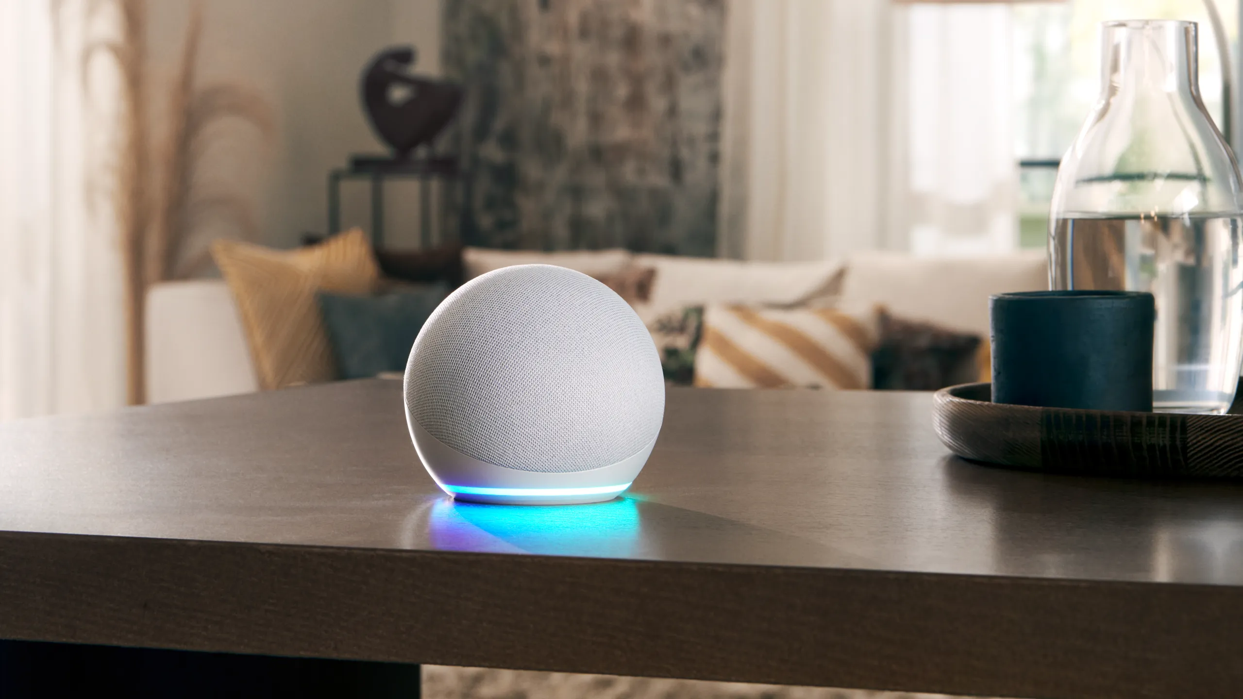 Amazon Echo on a table in a living room