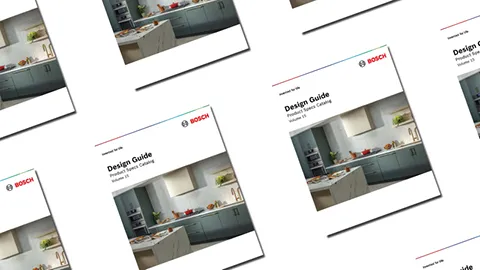 Bosch kitchen design guides with modern appliance layouts in various angled views.