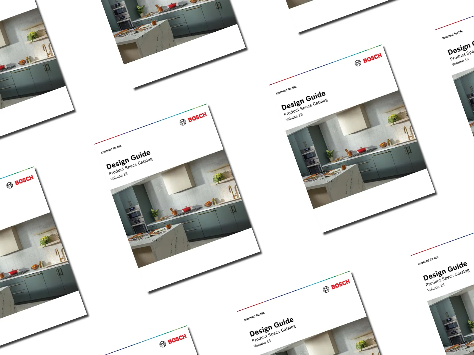 Bosch design guidebooks showcasing modern kitchen interiors, arranged in a grid pattern.