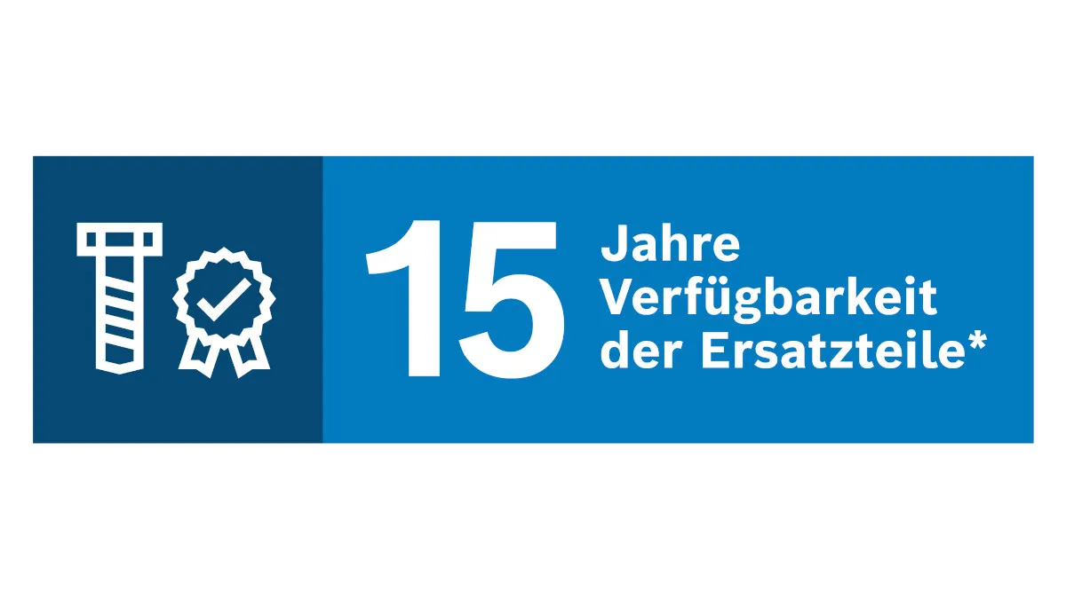 Das Bild zeigt ein blau-weißes Banner mit dem Text „15 Jahre Verfügbarkeit der Ersatzteile*“.
