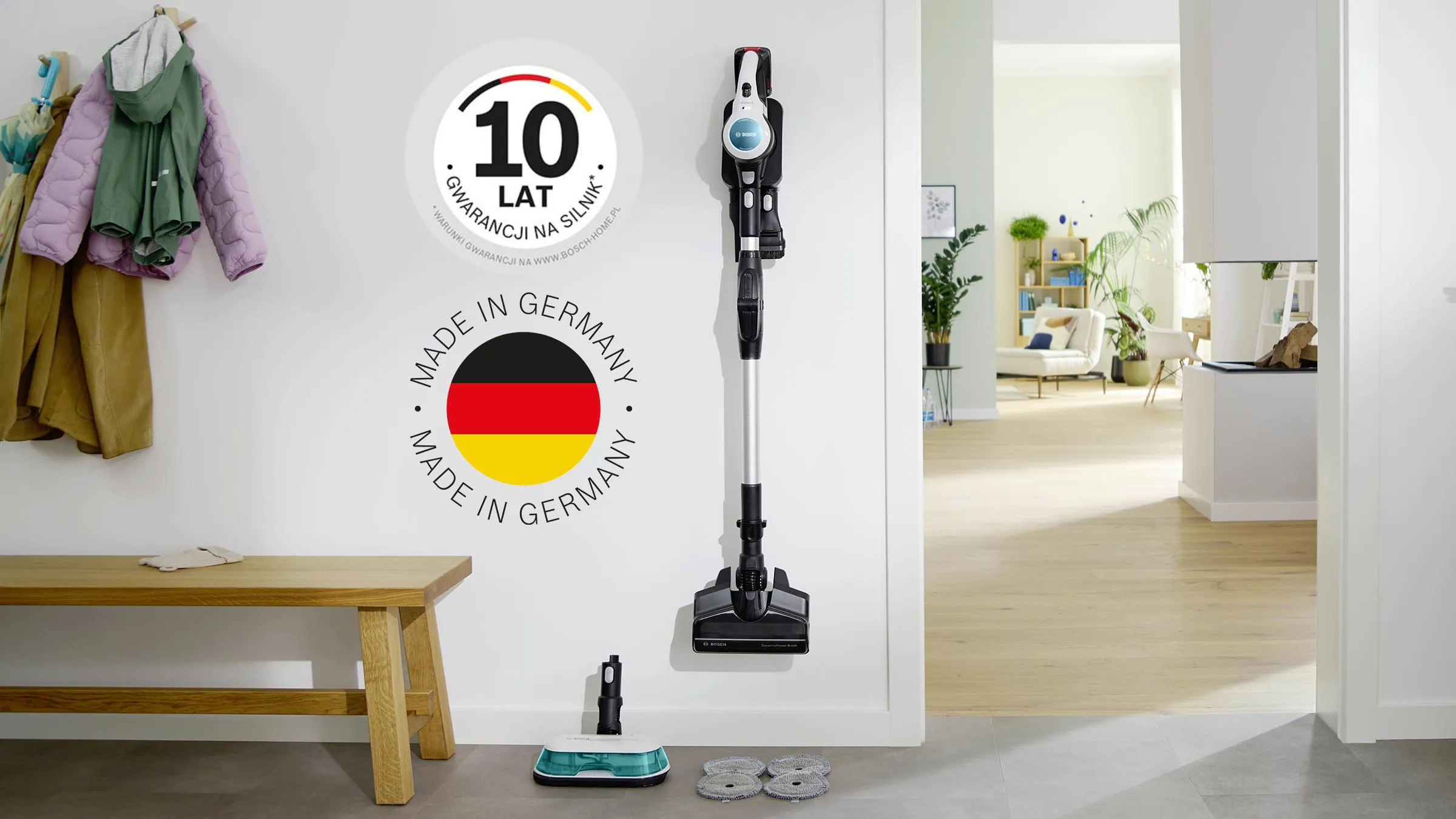 Vacuum cleaner, German-made, 10-year warranty, bench, coats, home interior.