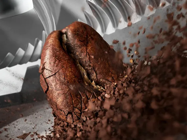 Close-up of a cracked coffee bean being ground, with scattered coffee grounds around it and industrial grinding equipment in the background.