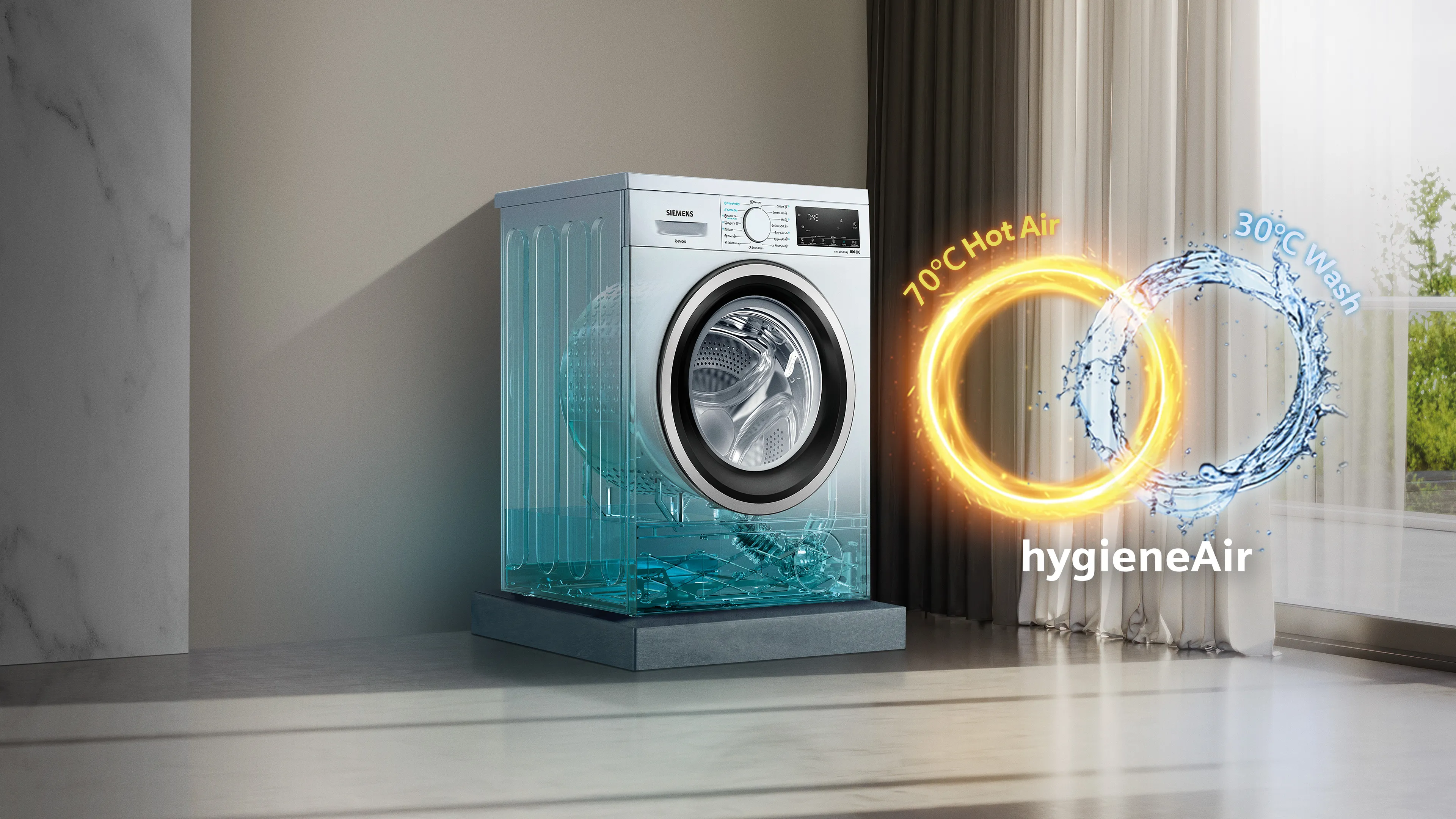 Person sitting cross-legged on a yoga mat, drinking water, next to a washing machine in a modern room.
