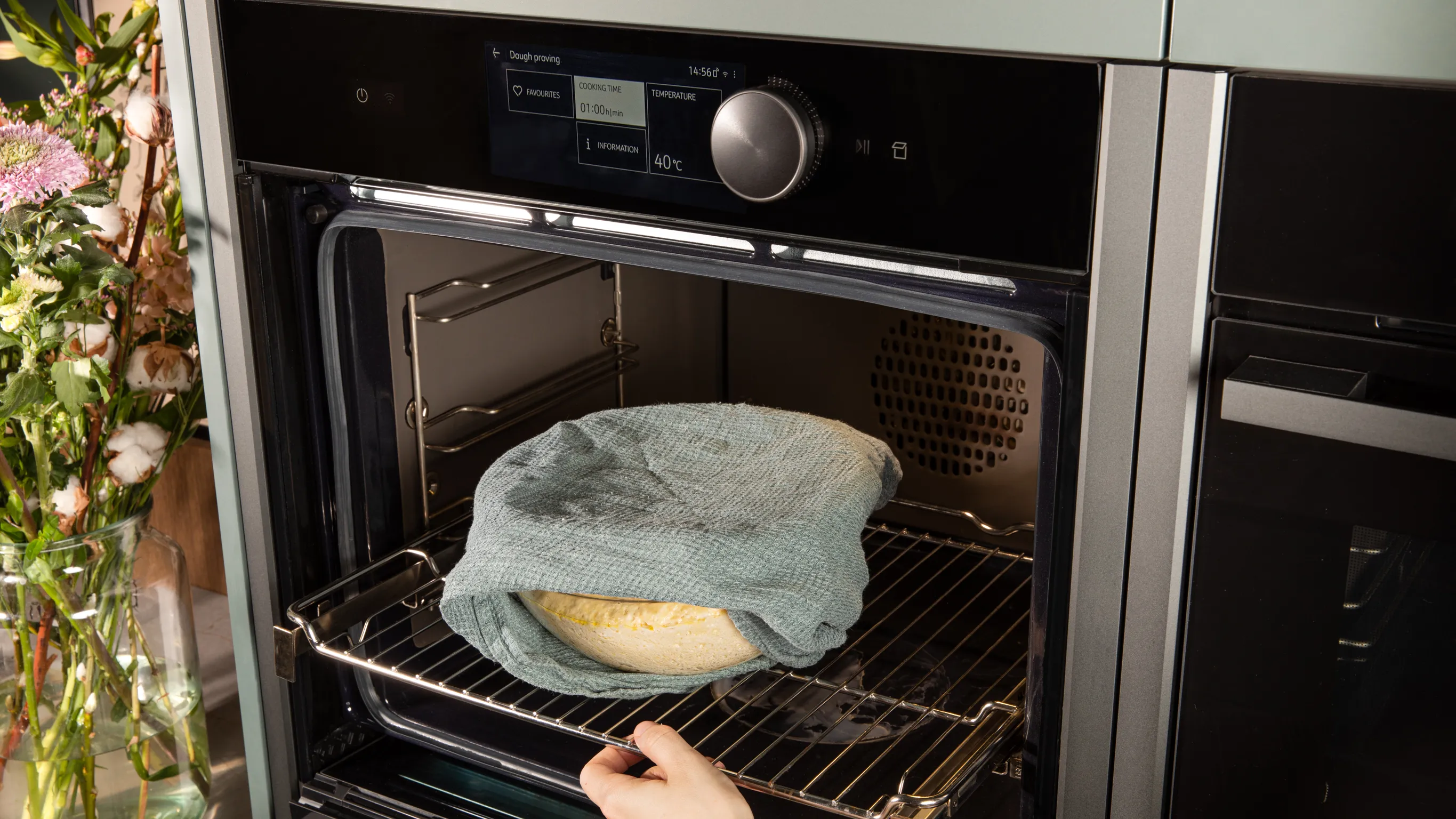 Backofen mit Backform mit Kuchen oder Gebäck, Hand erreichen, um es zu entfernen.