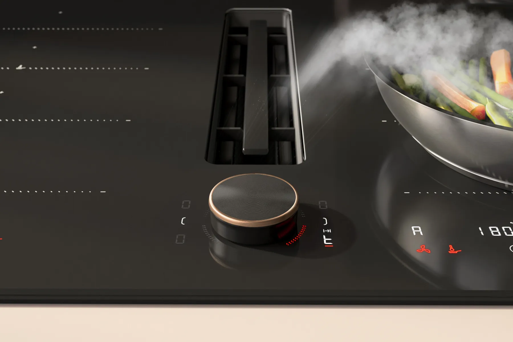 Inductie kookplaat met stoom uit een kookpot, bedieningsknop en ventilatiesysteem.
