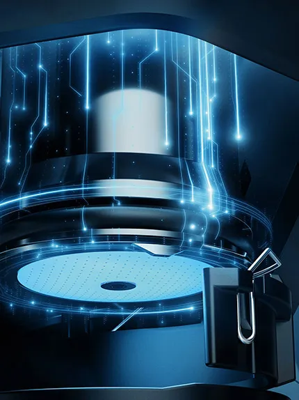 Zbliżenie na futurystyczny element maszyny emitujący niebieskie światło i cyfrowe obwody