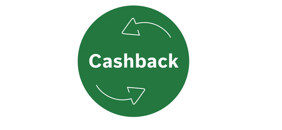 Zelené kulaté logo s bílými šipkami a textem "Cashback".