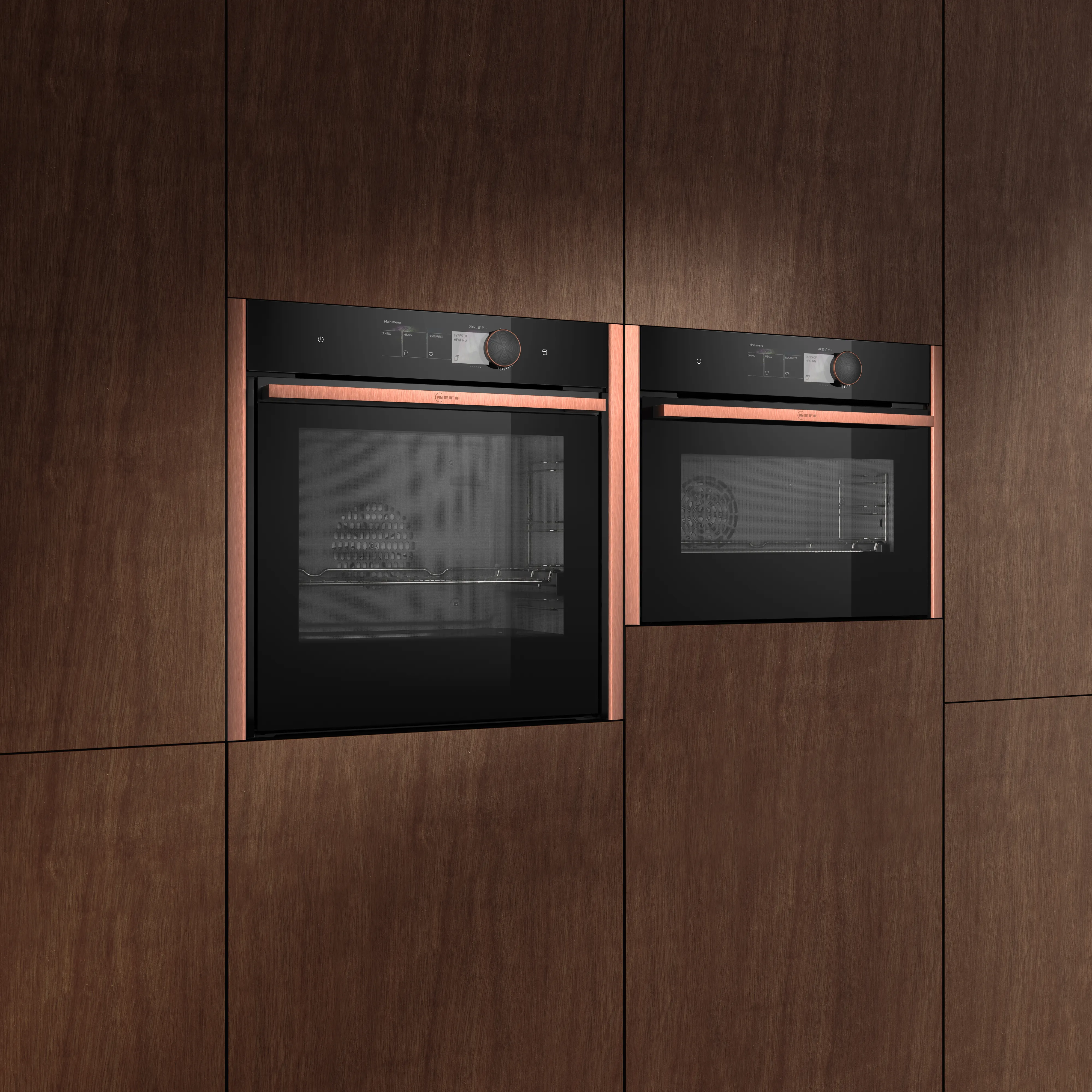 Eine Frauenhand dreht ein Twist Pad Flex® an einem Backofen mit Metallic Silver Lisenen in einer Holzküche 