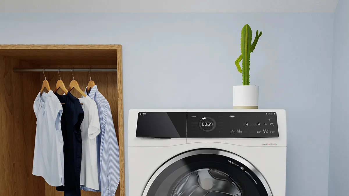 Waschraum mit Waschmaschine, hängende Kleidung und eine Topf Kaktuspflanze.