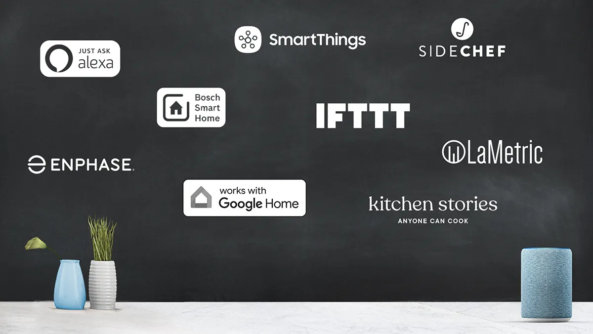 A selection of official partner logos for Bosch smart home appliances, including Alexa, Google Home, and SmartThings.