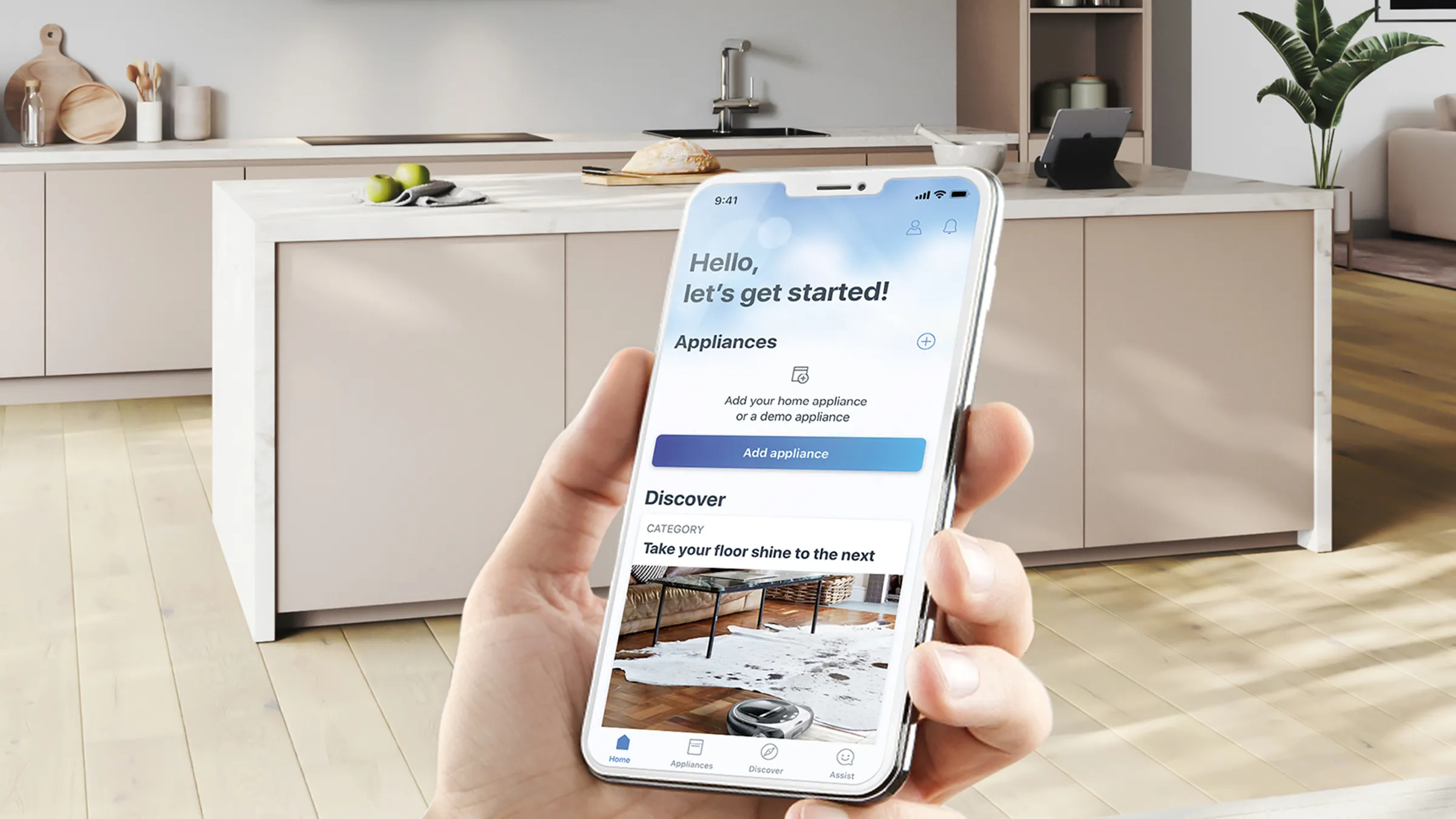 Smartphone, das Haushaltsgeräte-App in moderne Küche Innenausstattung mit Möbeln und Dekor.
