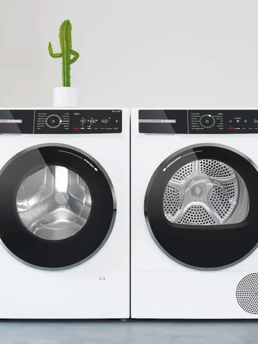 Δύο πλυντήρια ρούχων και στο ένα έχει πάνω του έναν κάκτο.