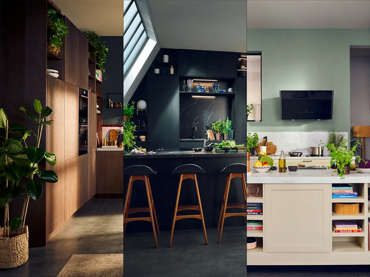 Modern kitchen with black cabinetry, built-in NEFF appliances, a stylish island, and large industrial-style windows.