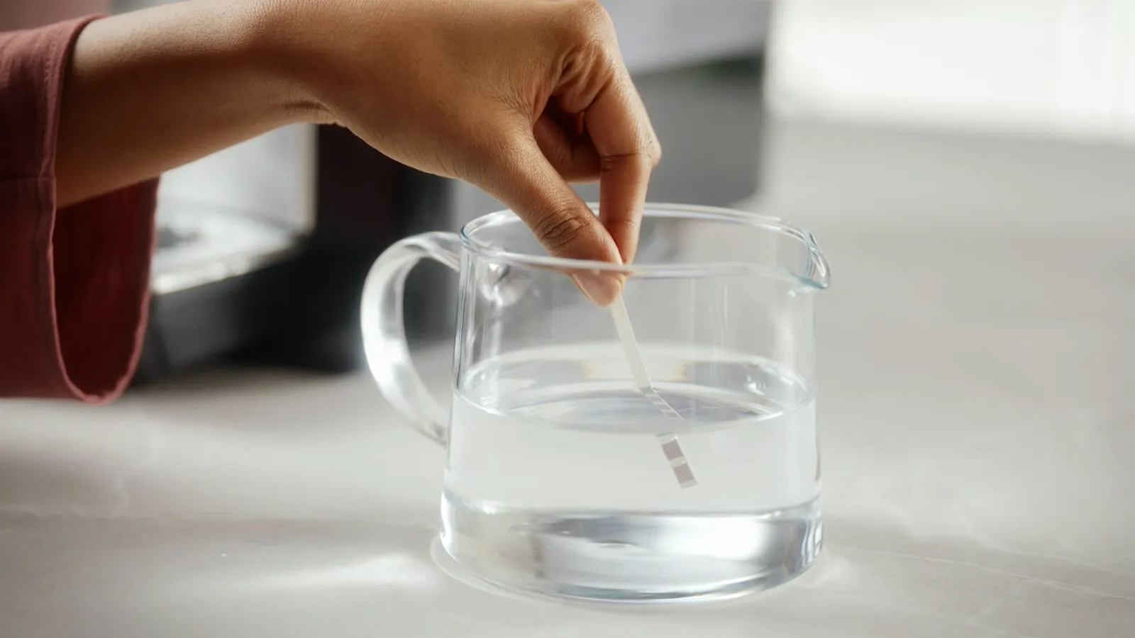 Hand dipping a test strip into a glass pitcher filled with clear water on a countertop.