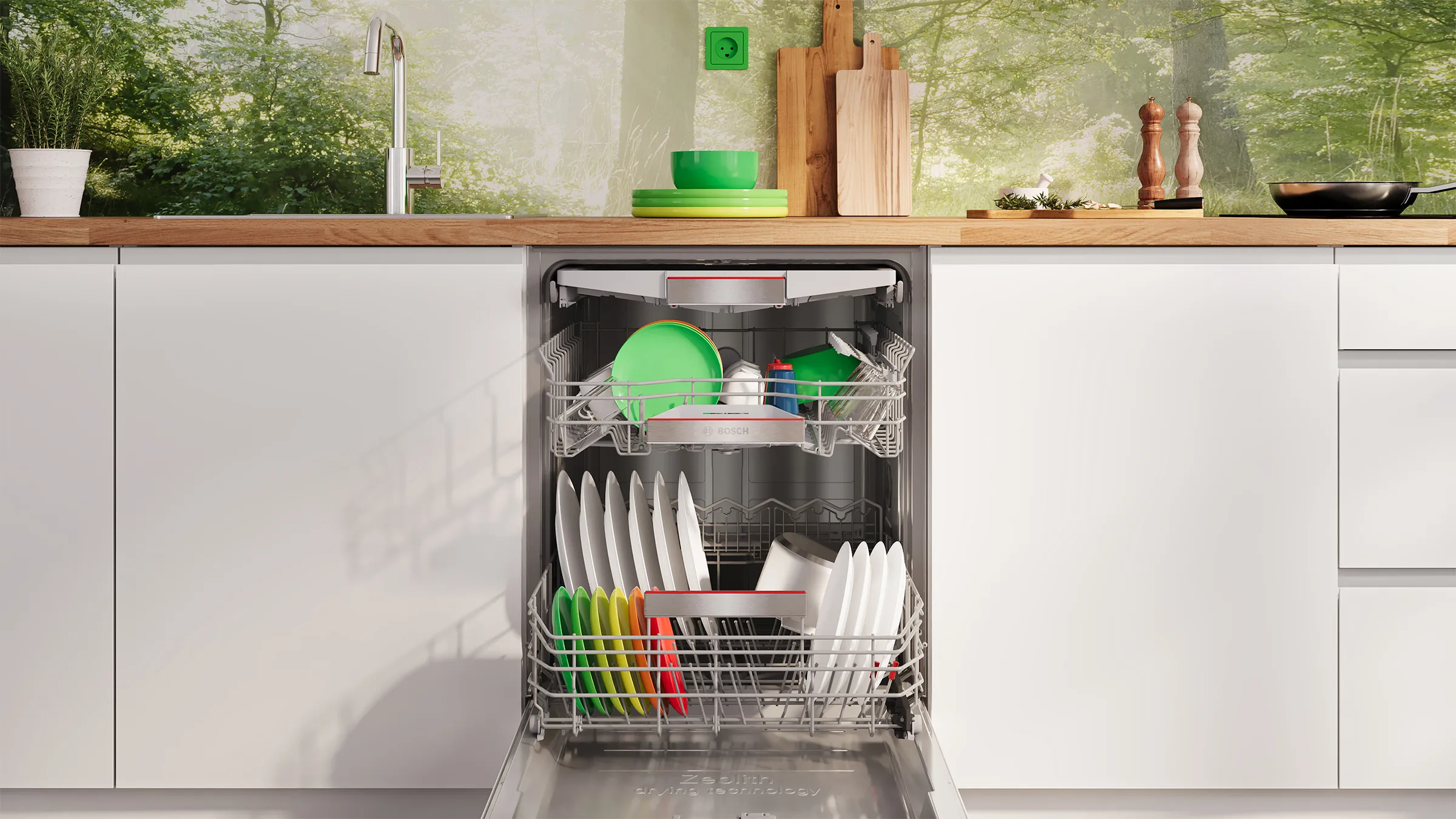 Open dishwasher with clean dishes and utensils on racks in a modern kitchen interior.