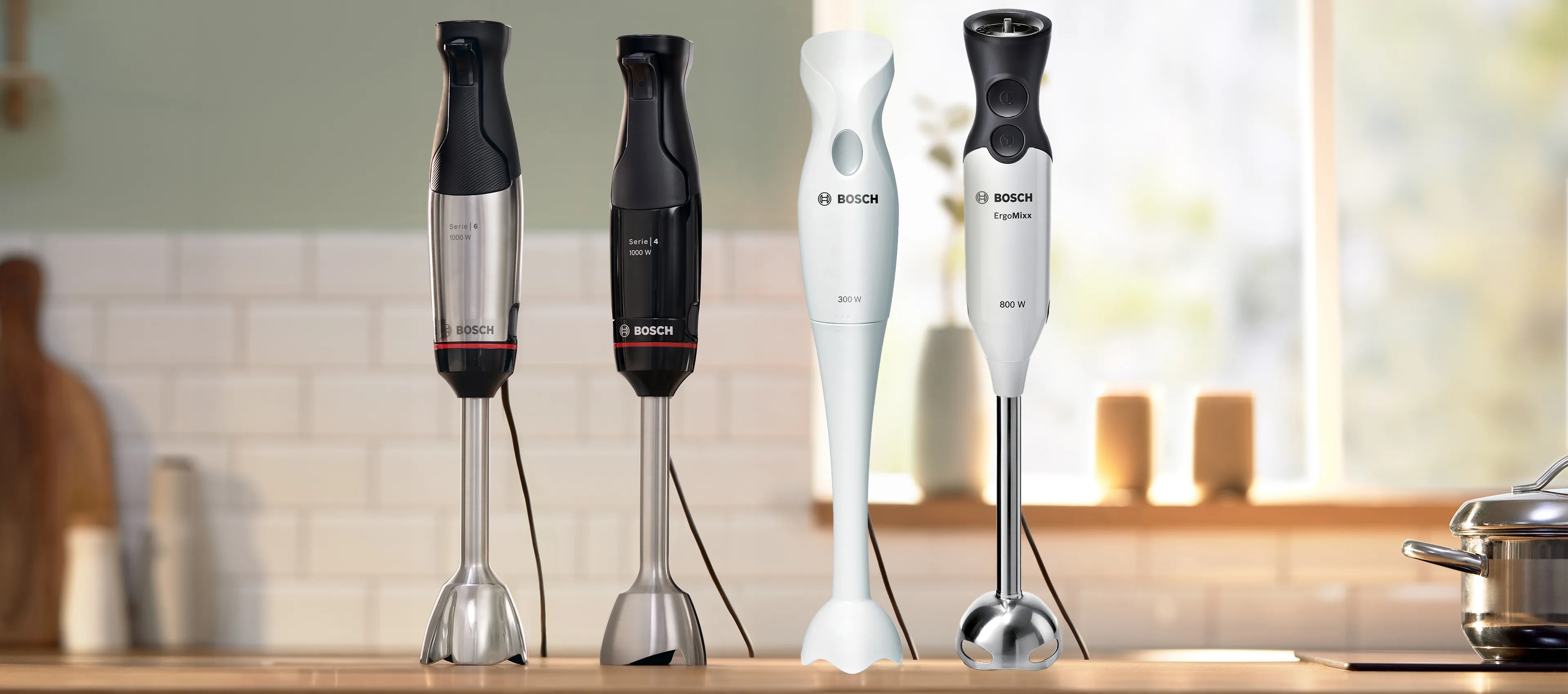 Hand blenders on a kitchen countertop