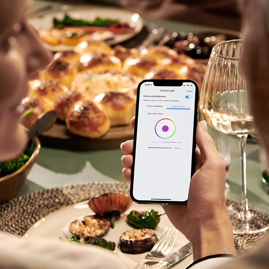 Smartphone mit Gesundheits-App, Essen und Wein auf dem Tisch, Hände halten Telefon.